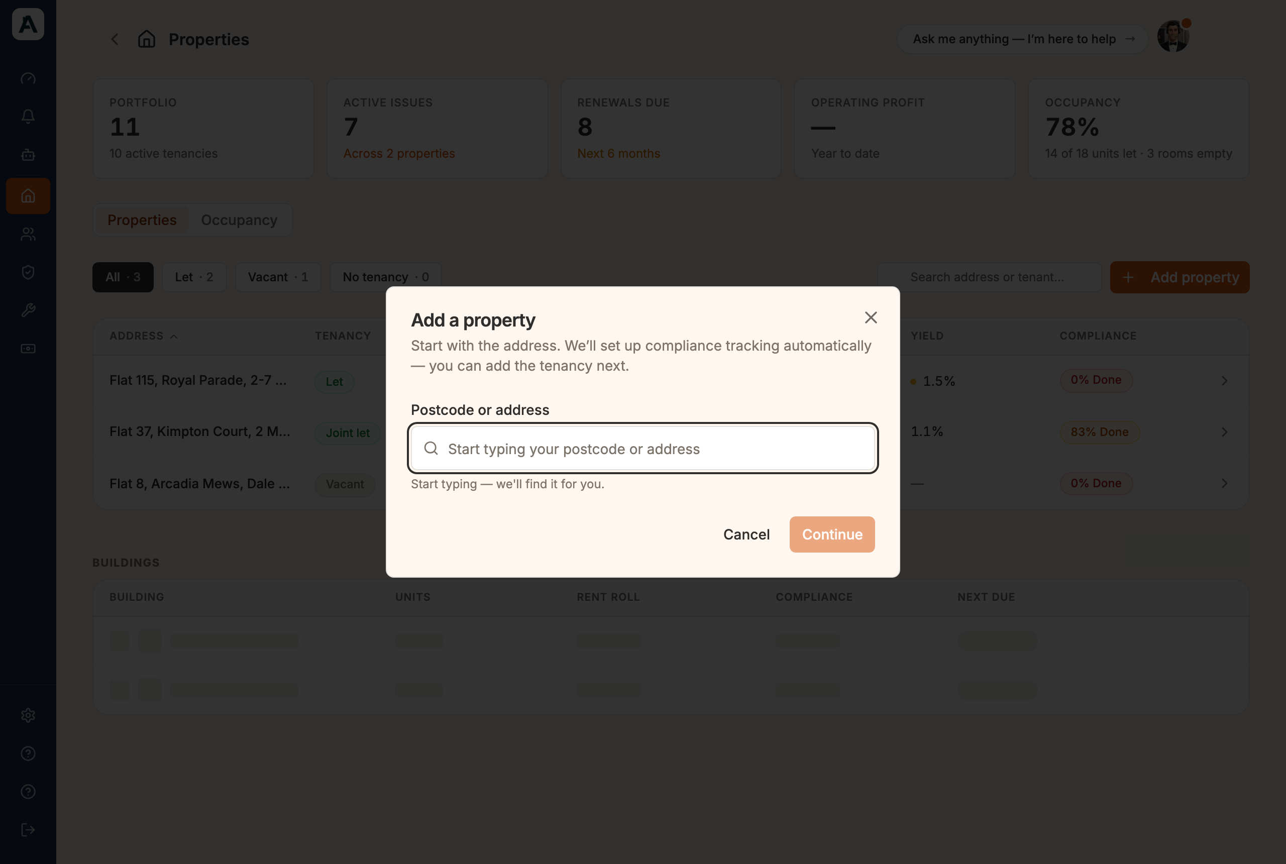 The Add a property dialog: type a postcode or address, then continue