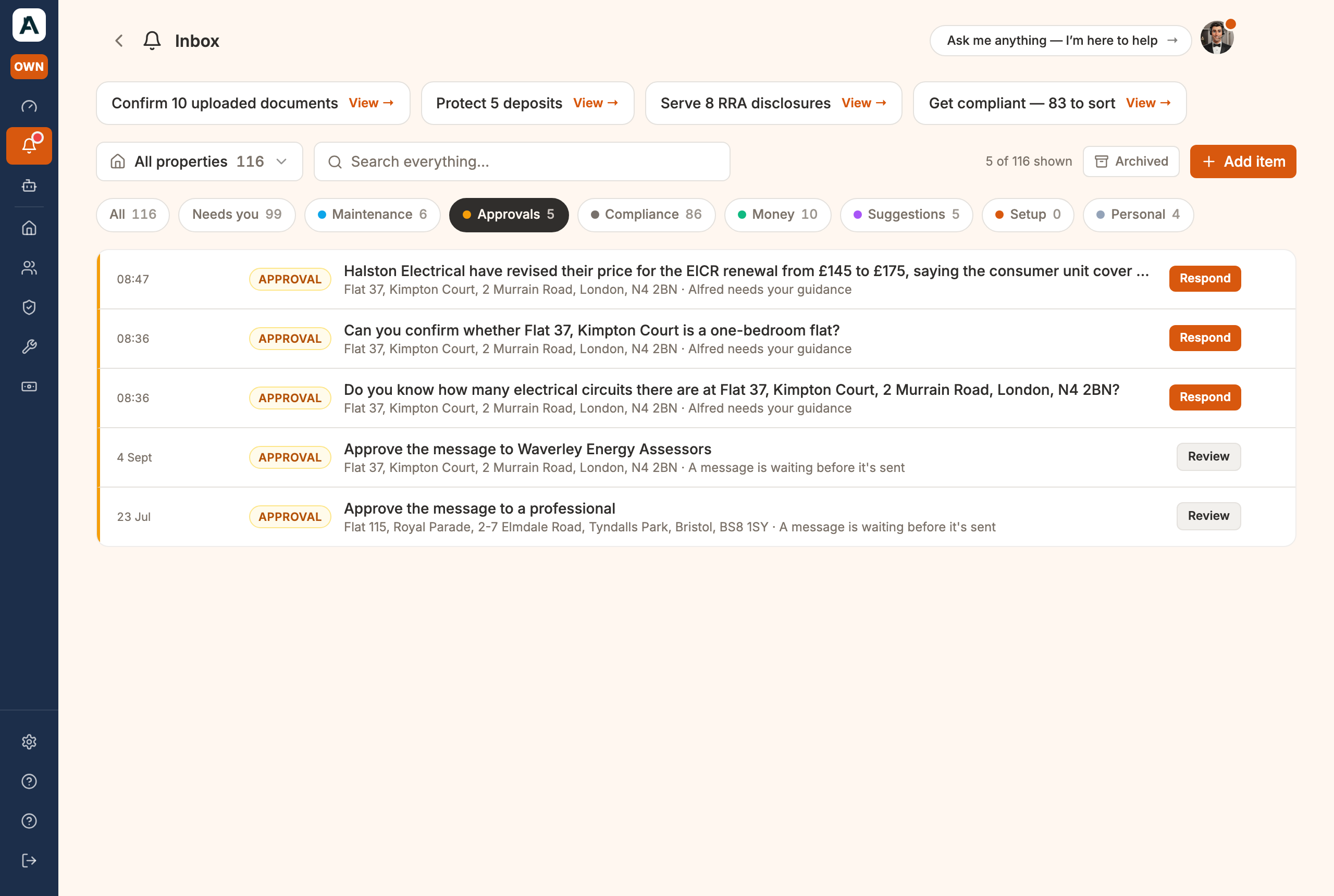 The Approvals queue: messages waiting to be sent, and Alfred's questions, each with Review or Respond