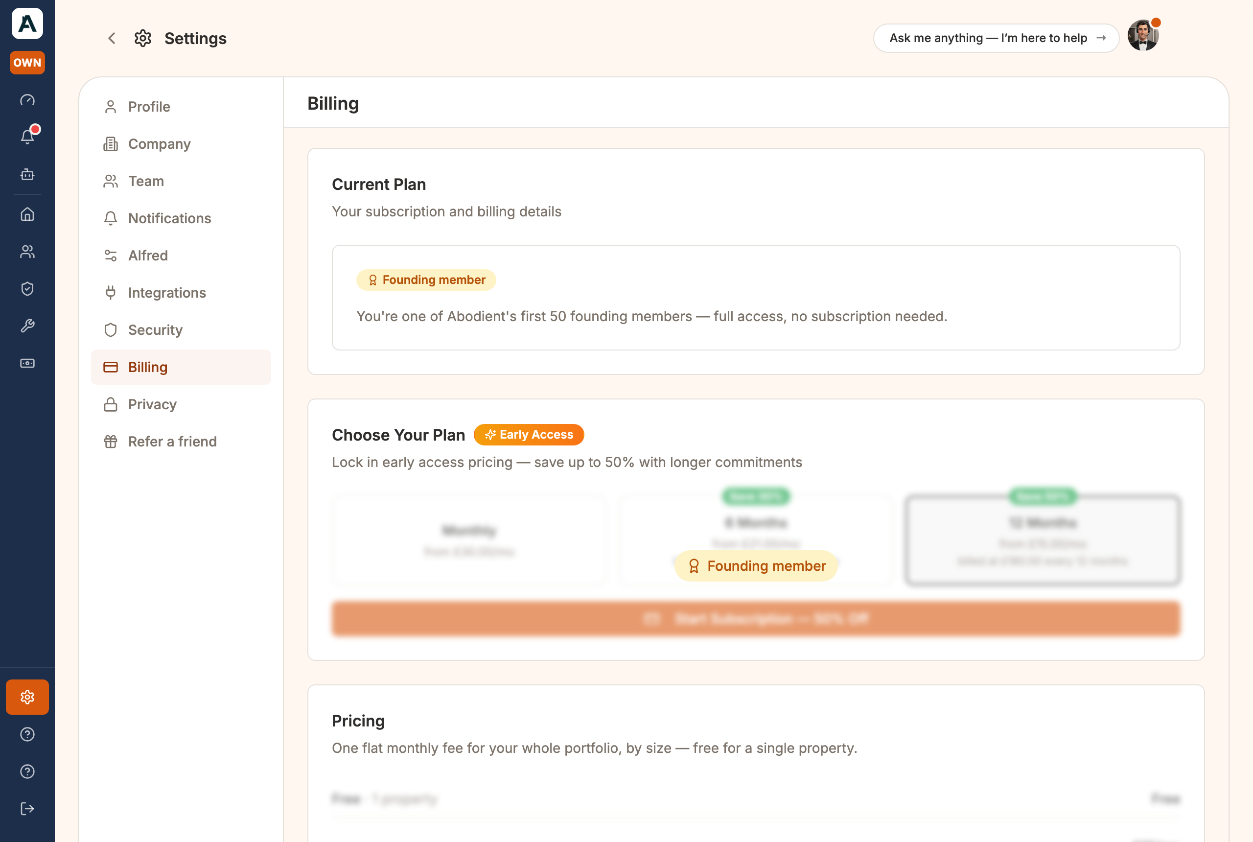 The Billing tab: your current plan, and the plans you can switch to