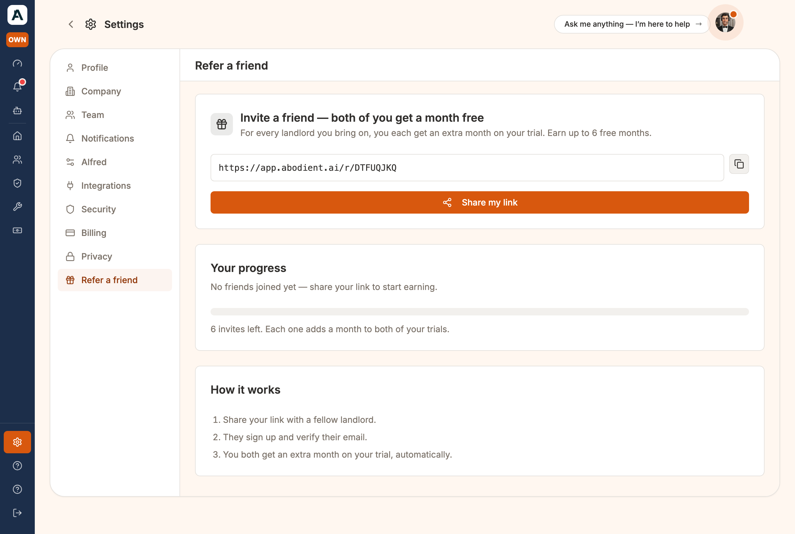 Refer a friend: your link, and the months each sign-up earns