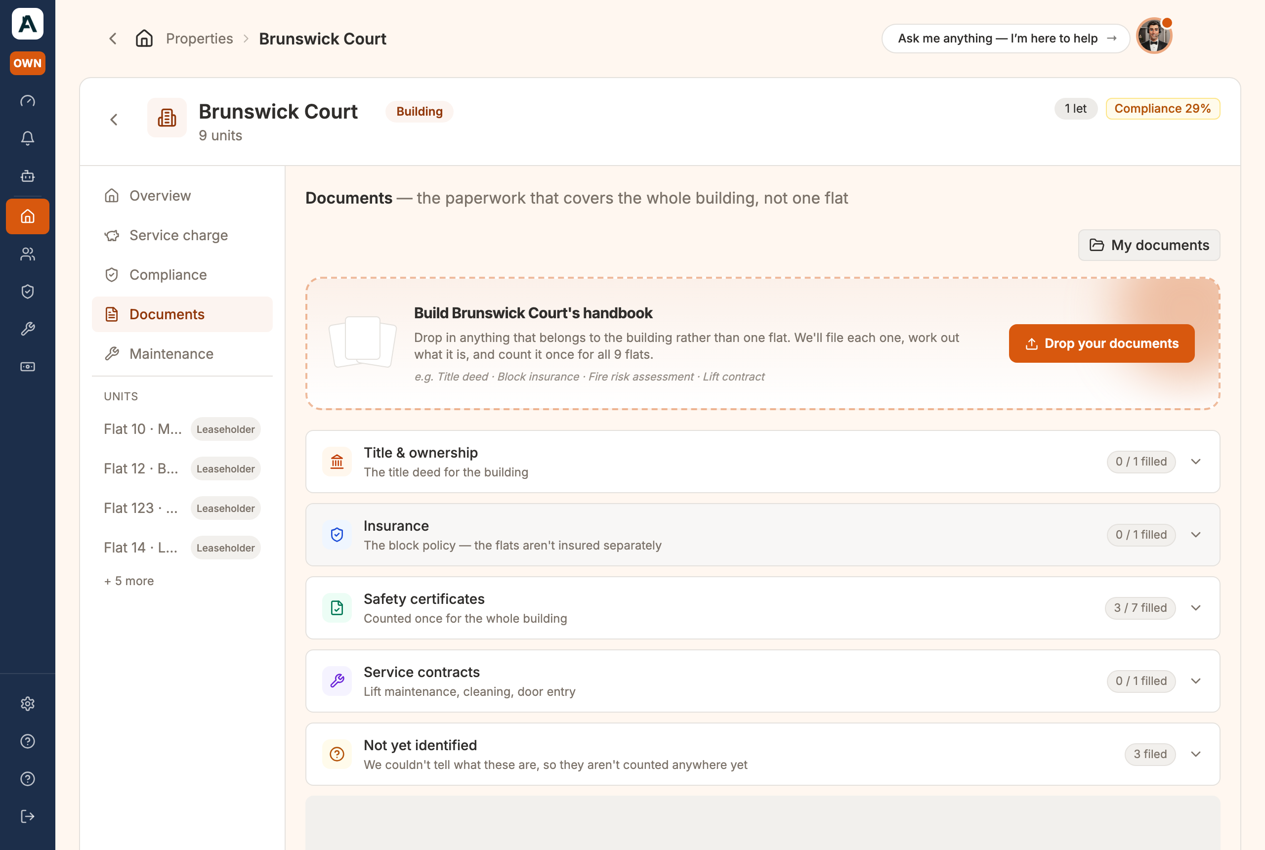A building's Documents tab: the handbook dropzone, with title, insurance, safety certificates and service contracts beneath