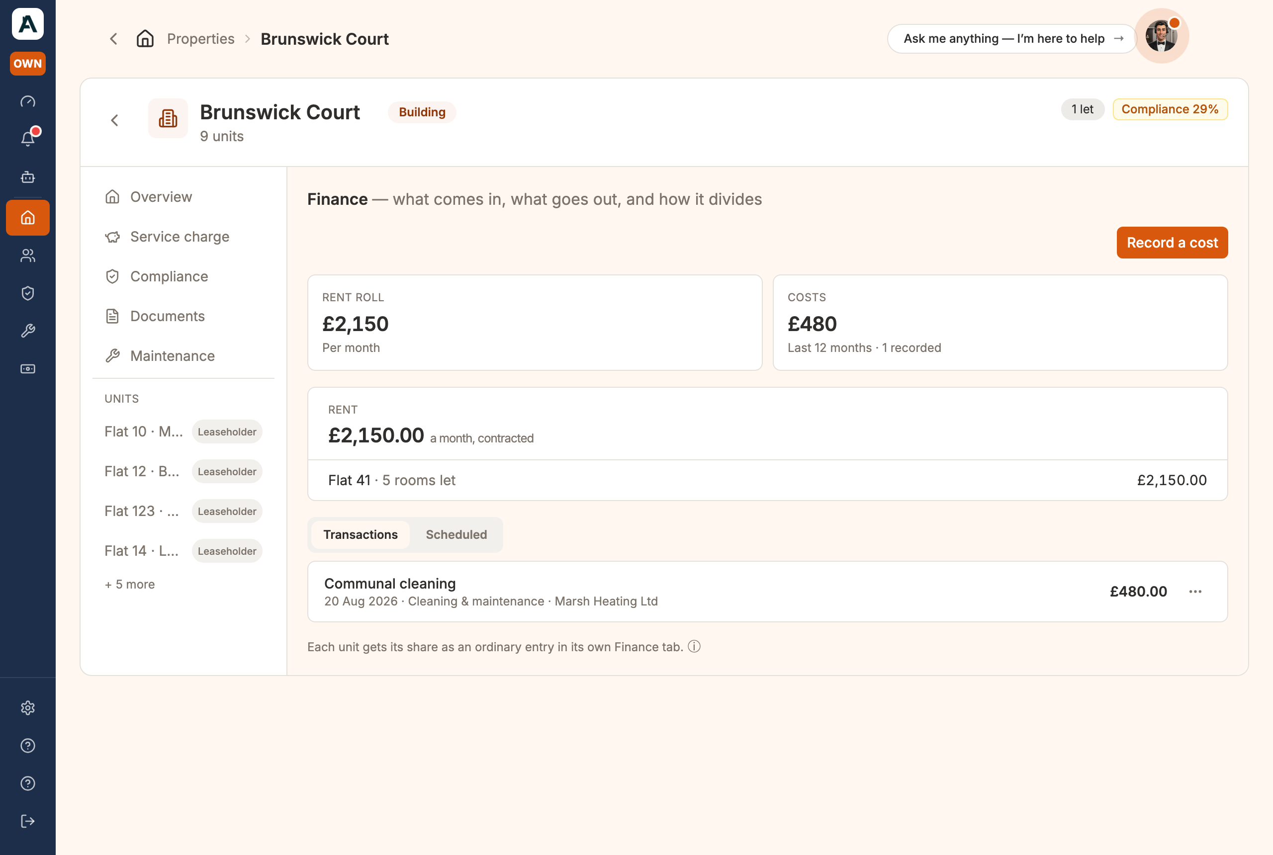 A building's Finance tab: rent roll and costs, with the transactions behind them