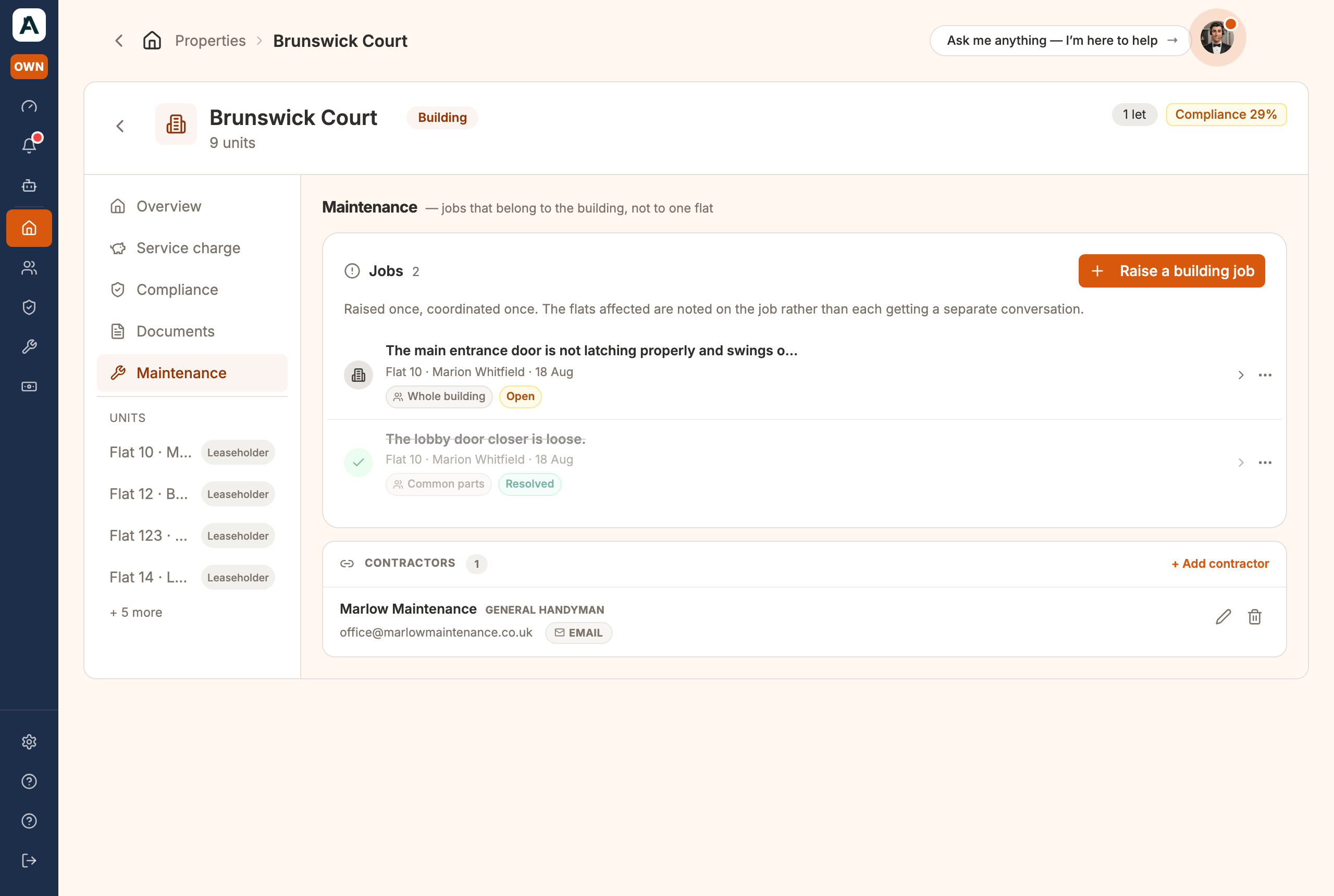 A building's Maintenance tab: raise a building job, and the contractors who work here