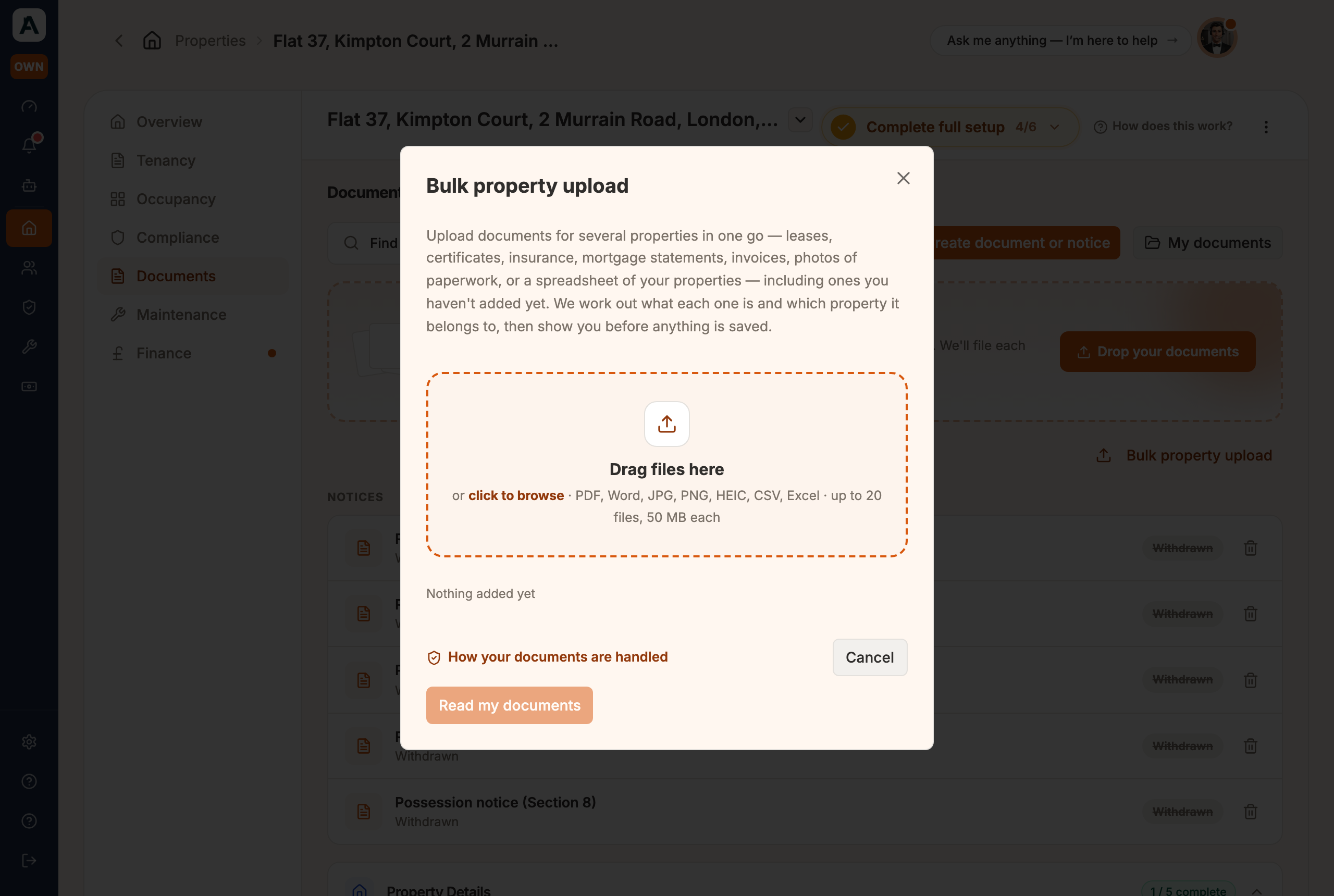 The Bulk property upload box: drop your documents, or browse — up to 20 files at a time