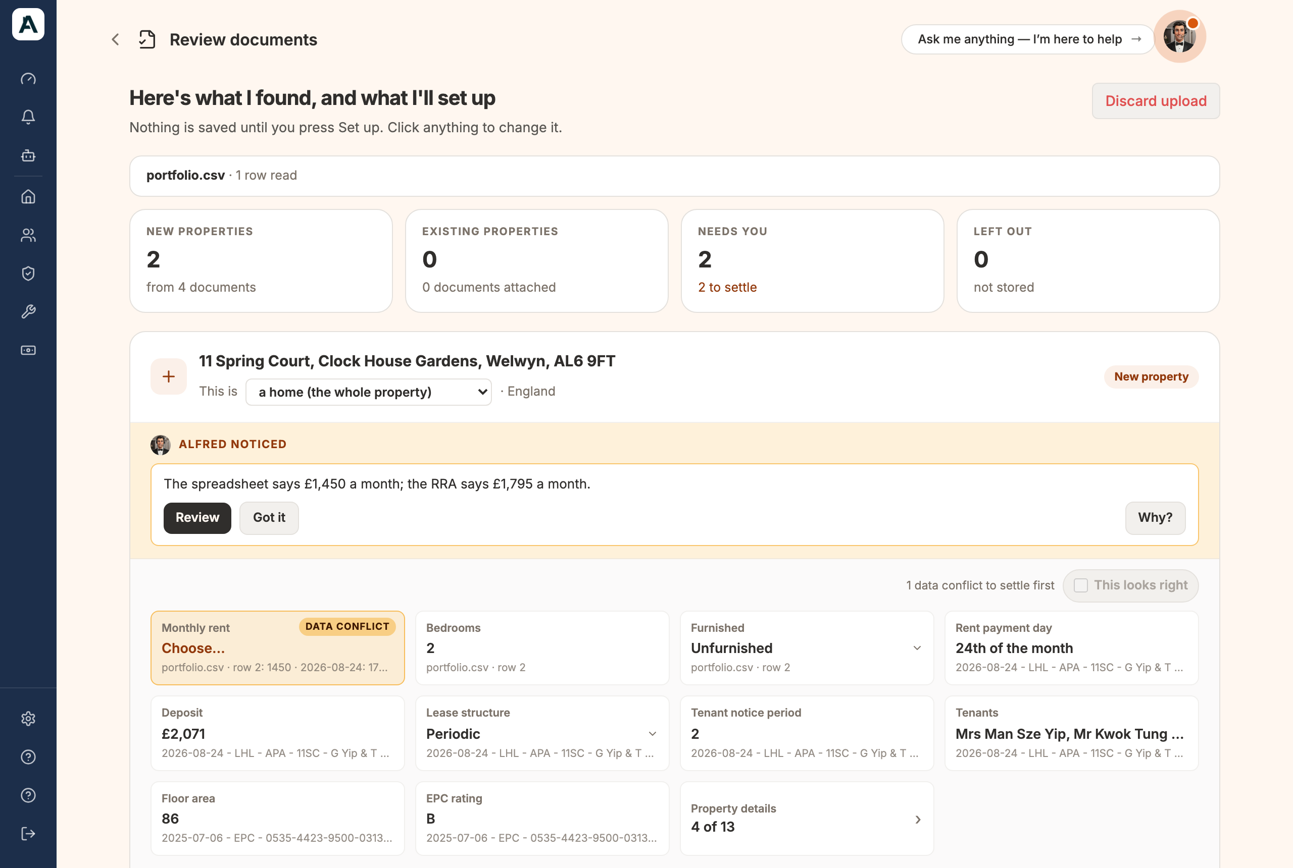 The review: each document, what's new, what needs you, and what was left out