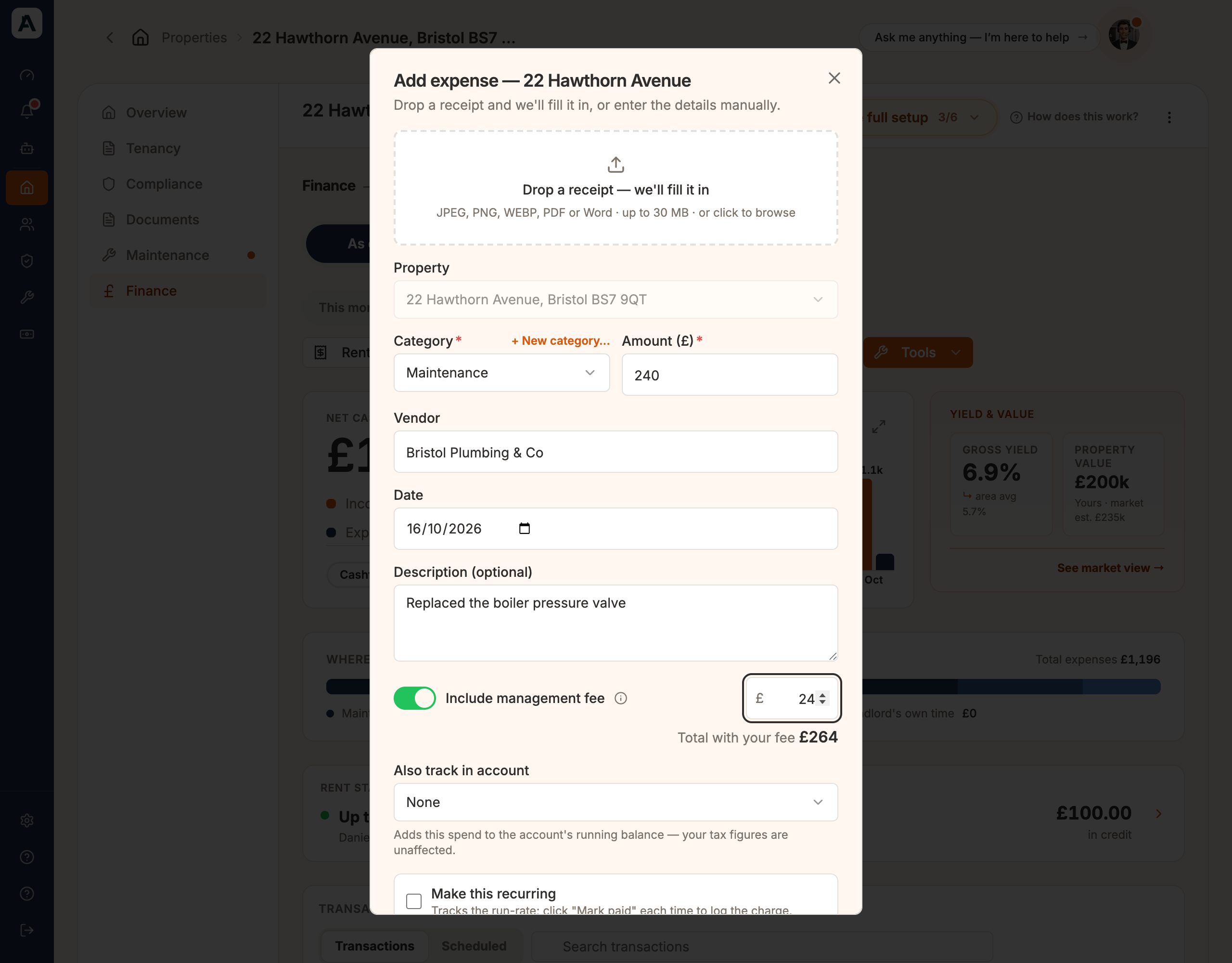 The Add expense window with Include management fee switched on, a £24 fee typed, and Total with your fee showing £264