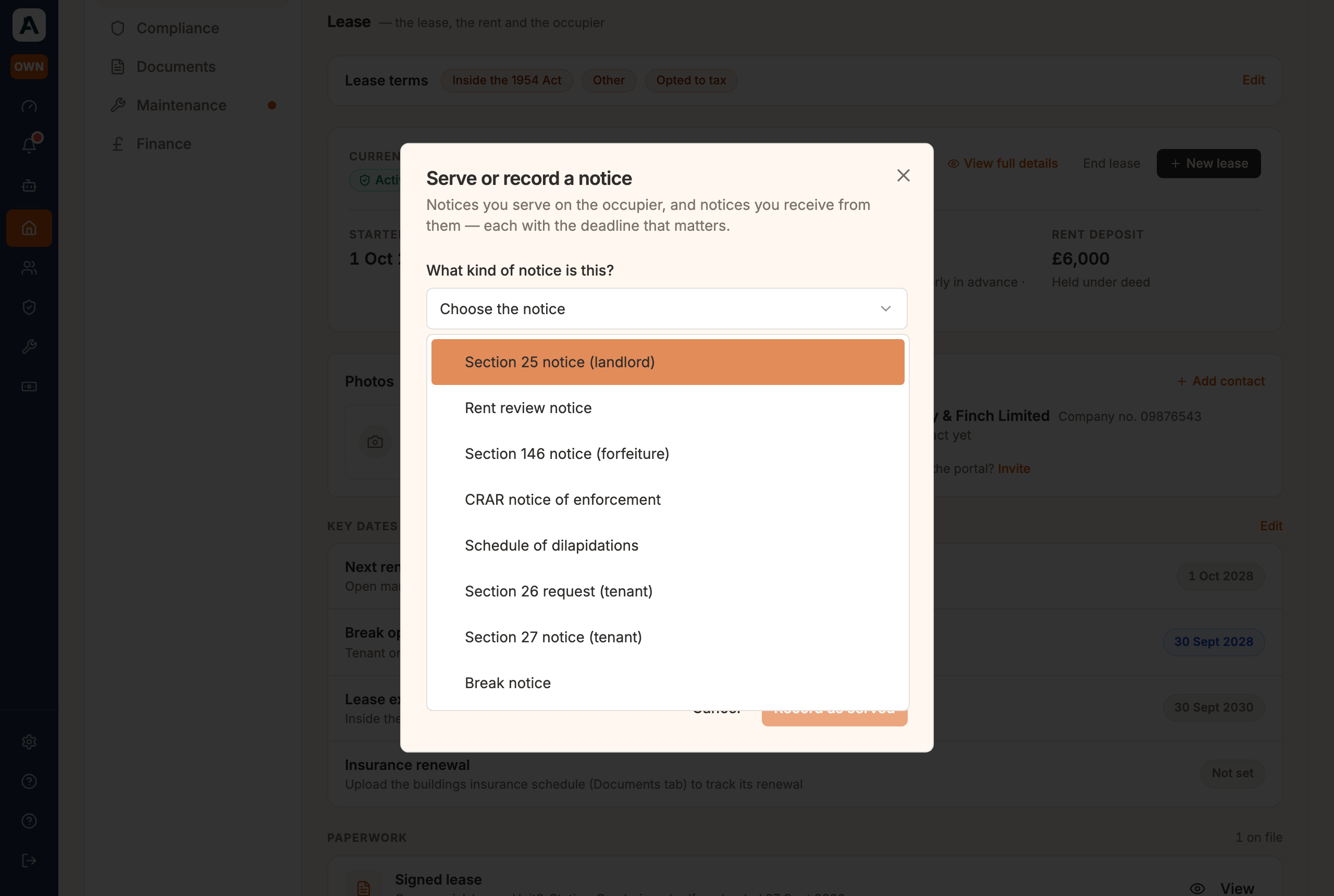 The commercial notices: eight types, recorded and shared to the occupier's portal