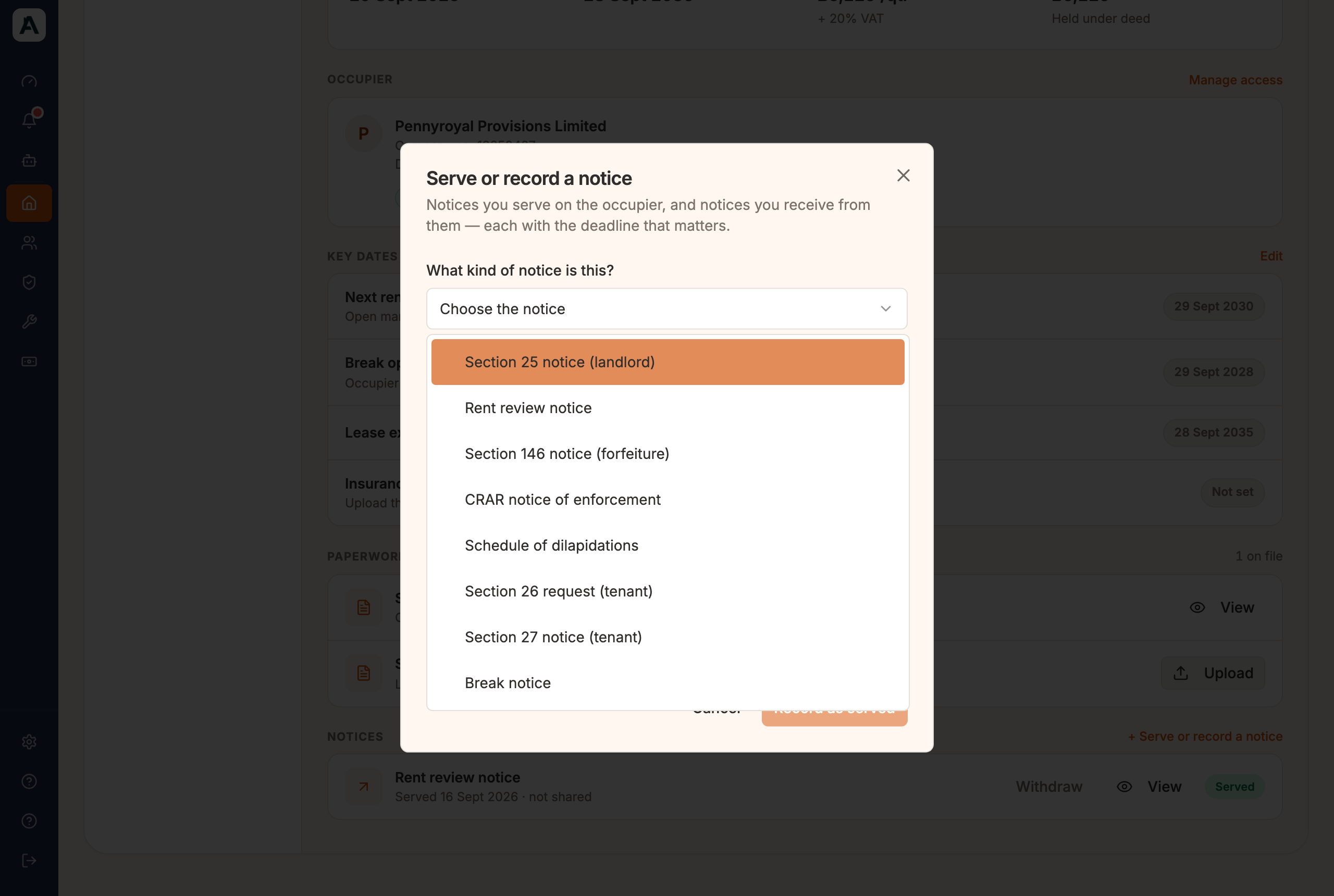 The Serve or record a notice window with the notice types listed: Section 25, rent review, Section 146, CRAR, dilapidations, Section 26, Section 27 and break