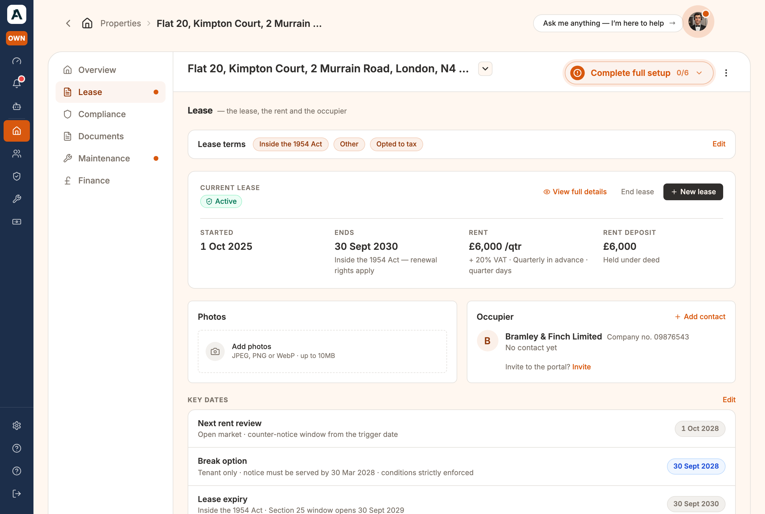 The Lease tab: the lease terms, the occupier, and key dates
