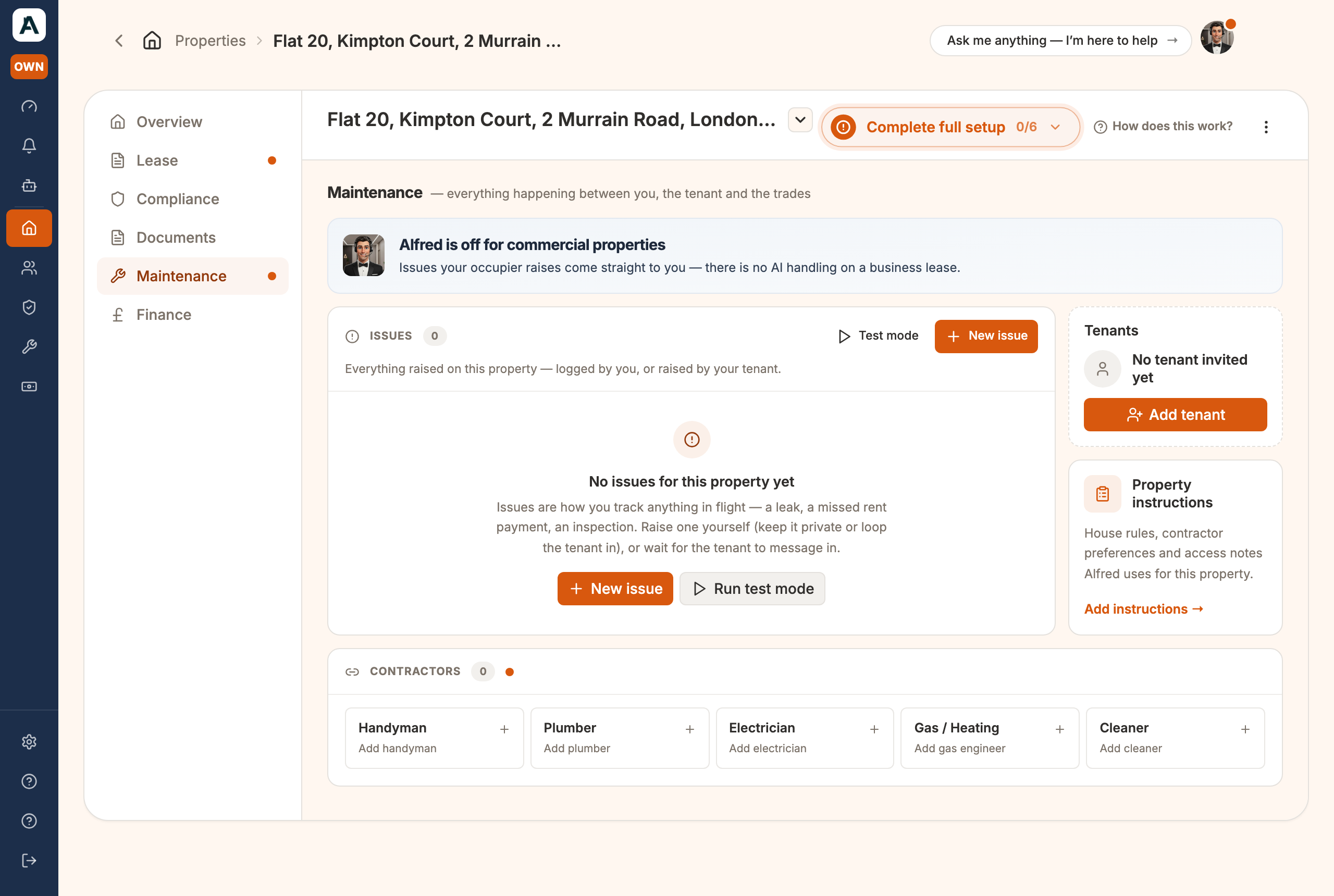 The Maintenance tab: a commercial occupier's issues go straight to you, not to Alfred