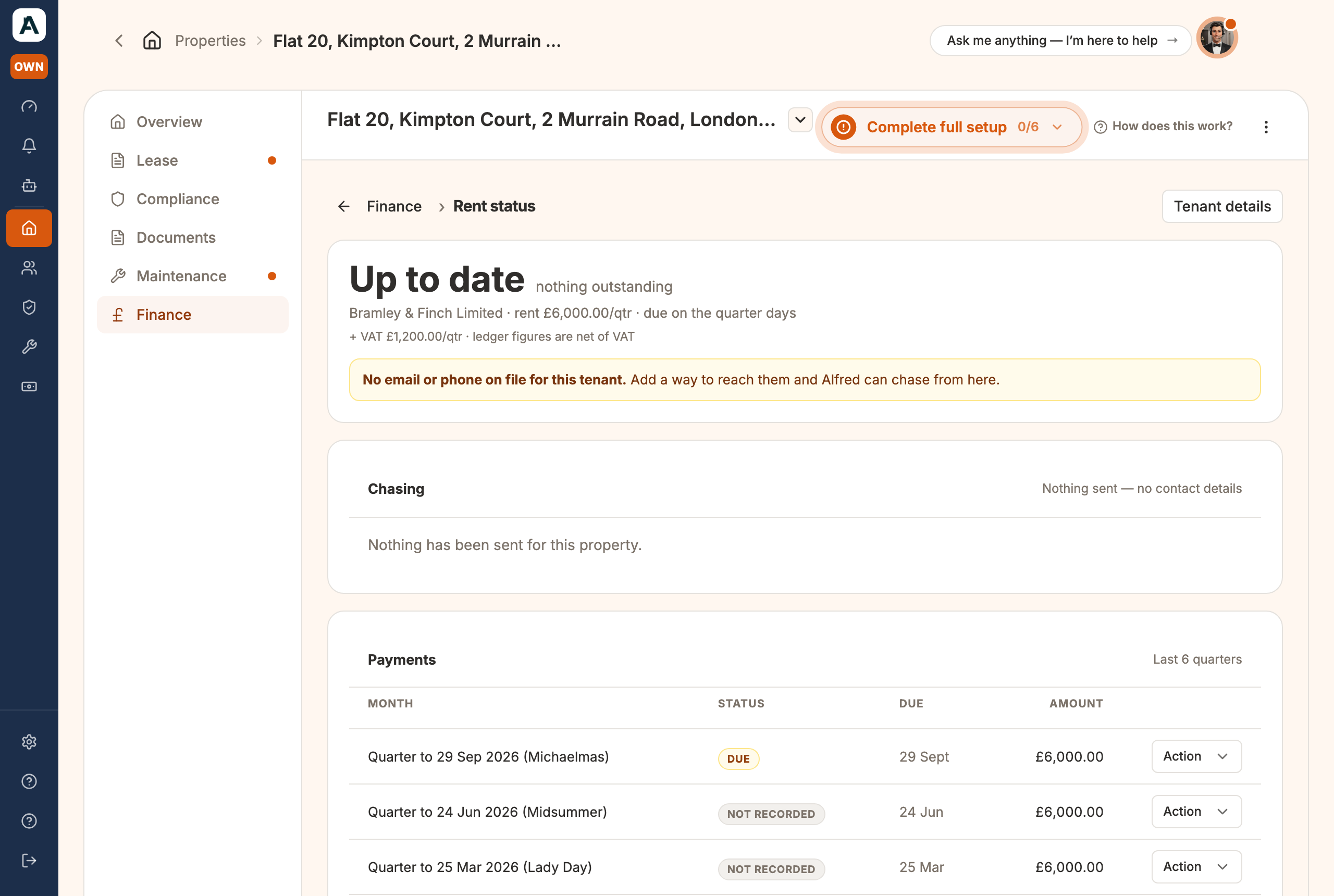 The Rent status view: rent by its quarter-day cadence, with the + VAT treatment