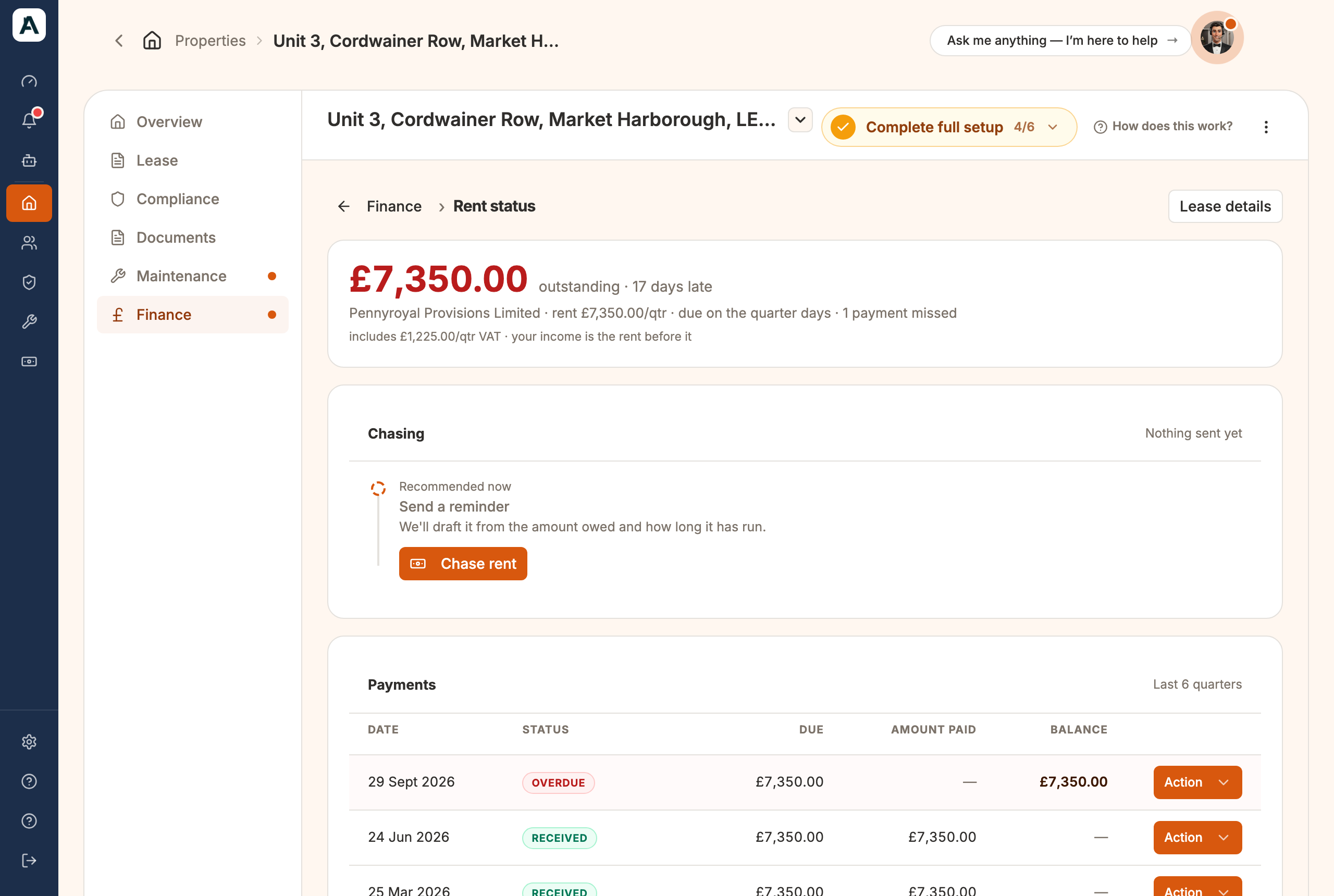 Rent status for the shop: the amount outstanding with VAT, the Chasing box with Chase rent, and the payments list by quarter day