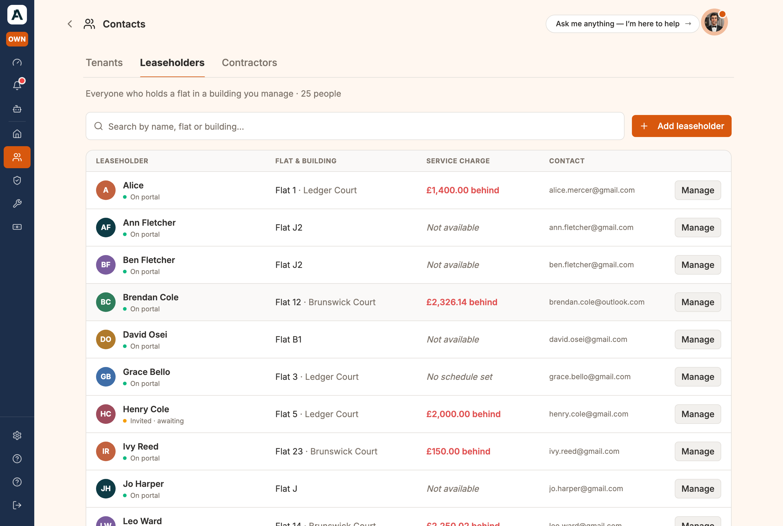 The Leaseholders tab: each leaseholder, their flat and building, and their service charge
