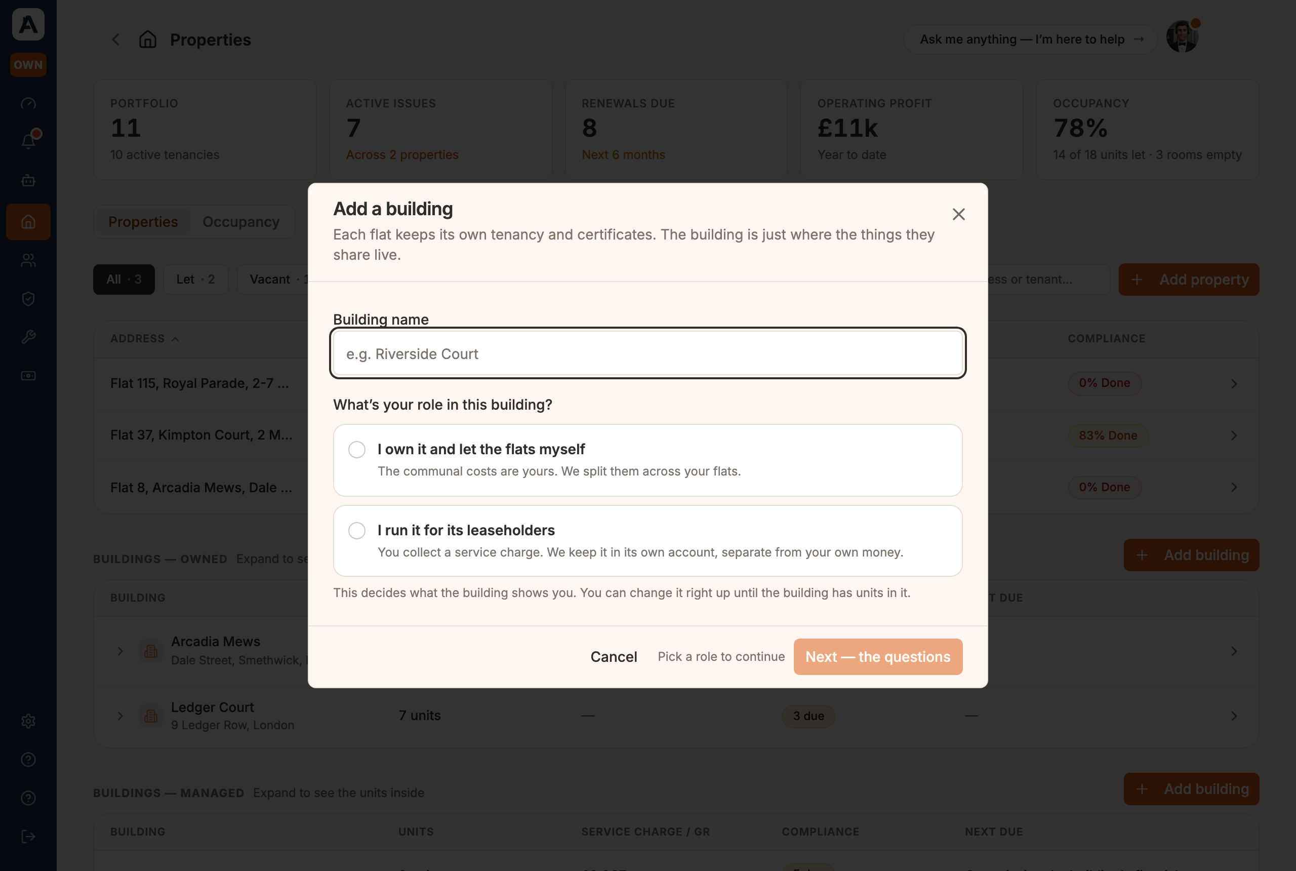 Adding a building: name it, and choose whether you own the flats or run it for leaseholders