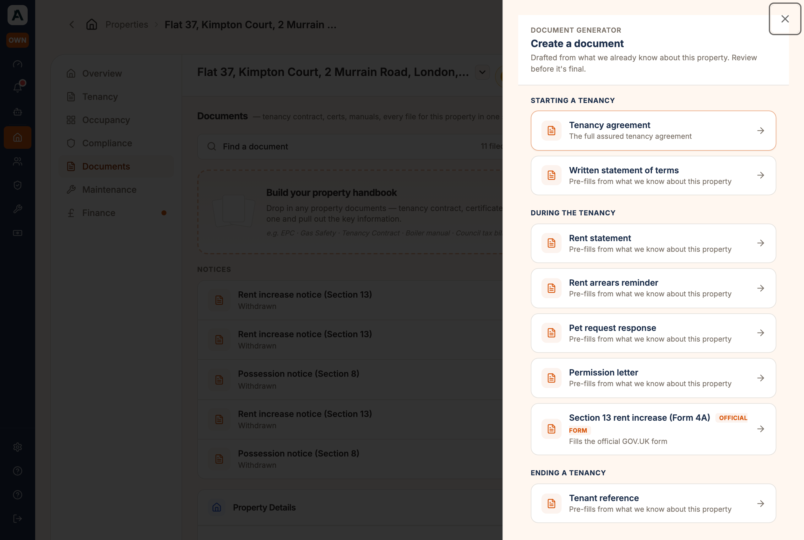 The Create a document panel, its templates grouped by where they fall in a tenancy