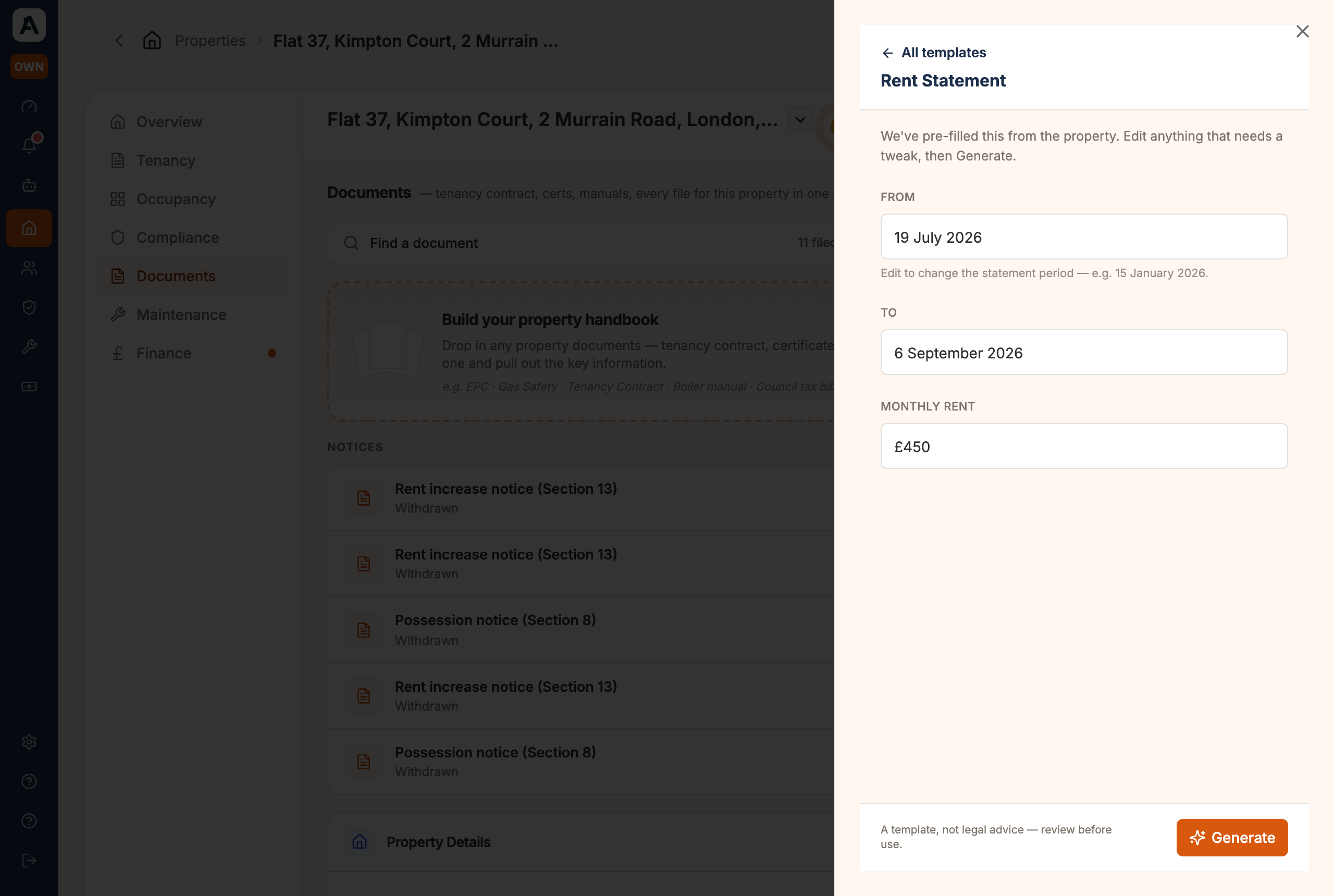 A template opened into a form, pre-filled with the property's dates and rent, ready to review