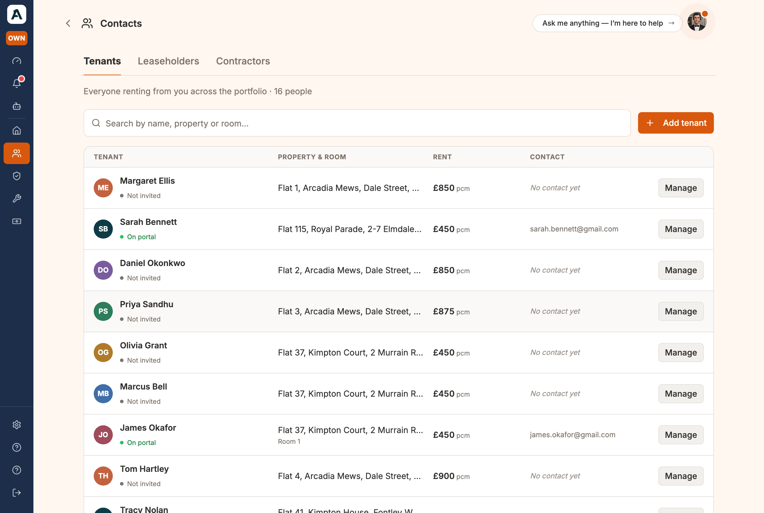The Tenants tab: each renter, their property and room, their rent, and how to reach them