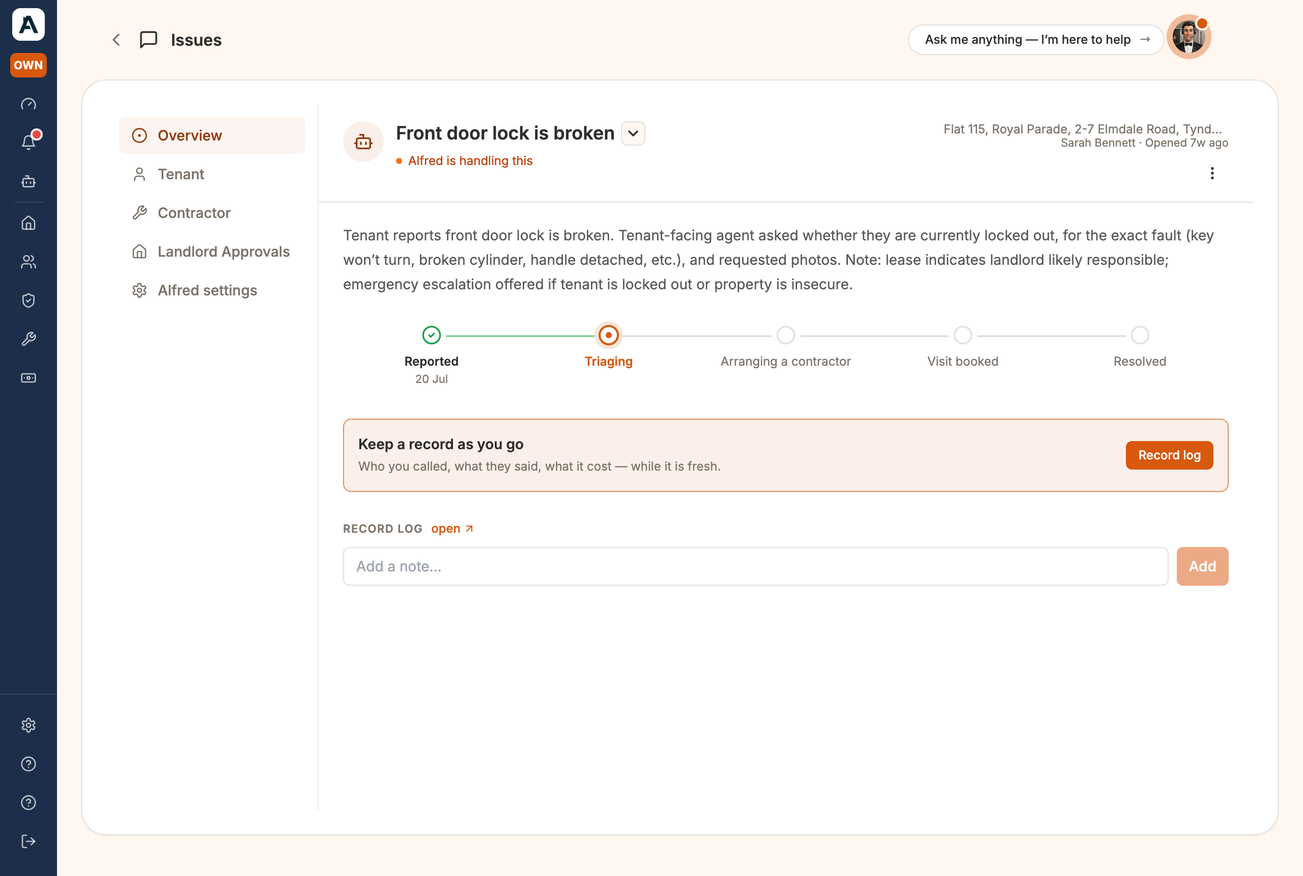 One issue: its summary, the stage it has reached, and a record log for what you do off-platform