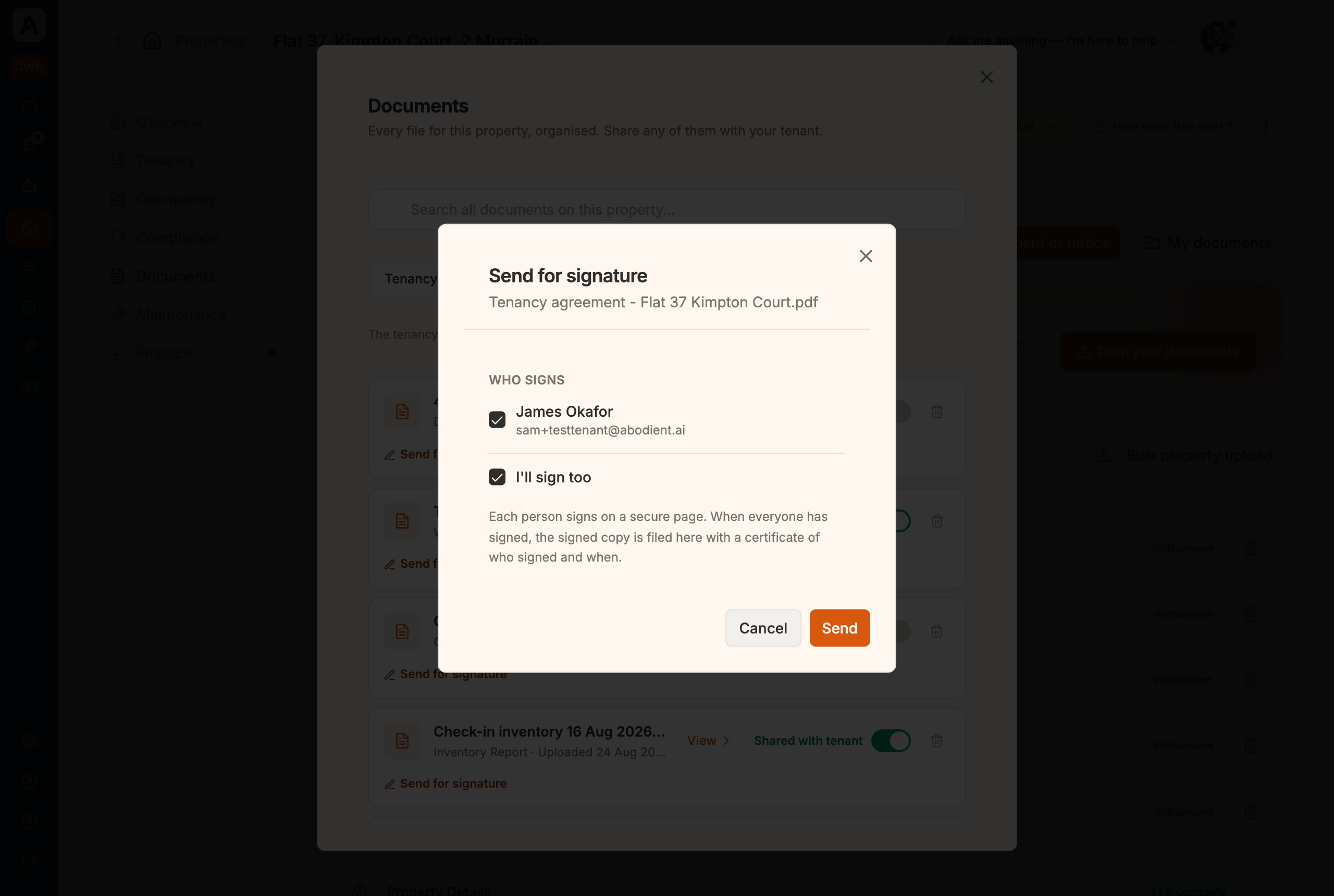 The Send for signature dialog: the property's tenants already listed as signers, with an "I'll sign too" option