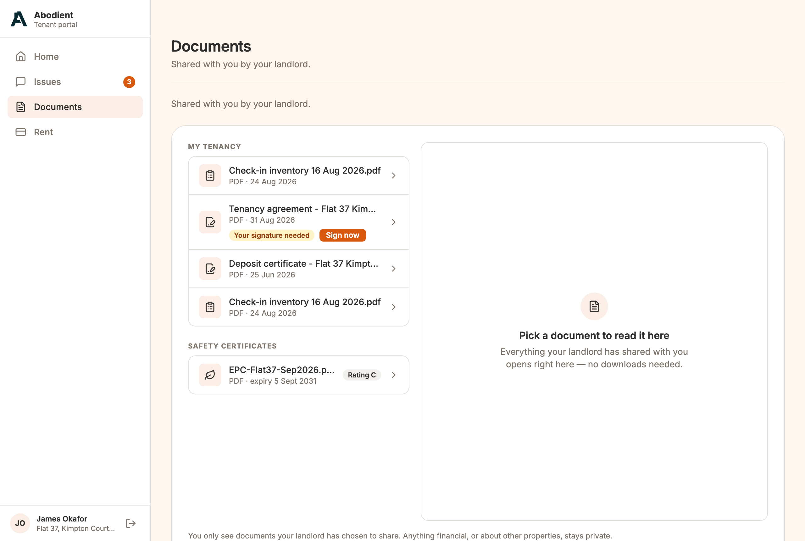 A tenant's Documents page: the document waiting on them, with a Sign button