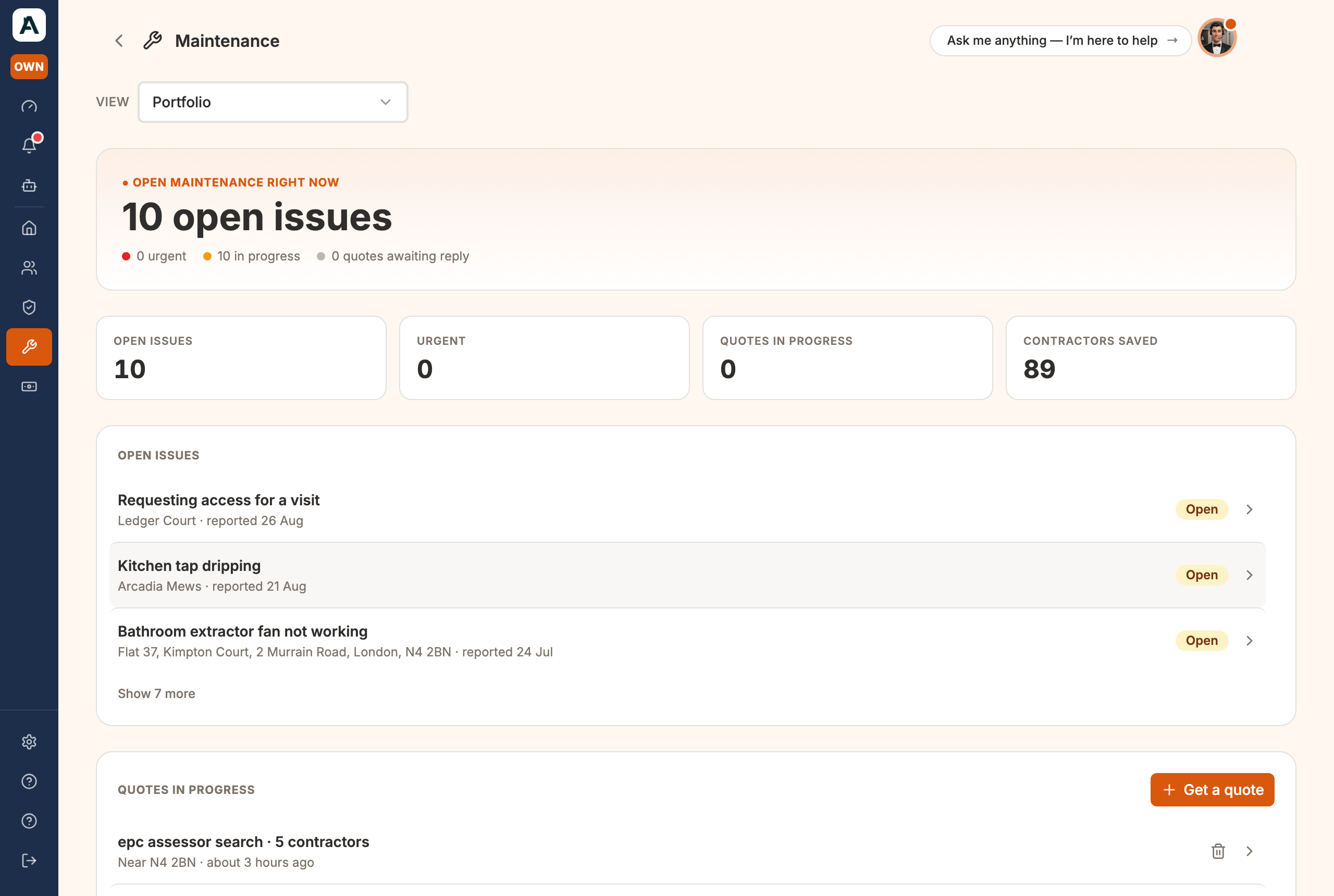 The Maintenance page: open issues, urgent, quotes in progress, contractors saved, and the issue list