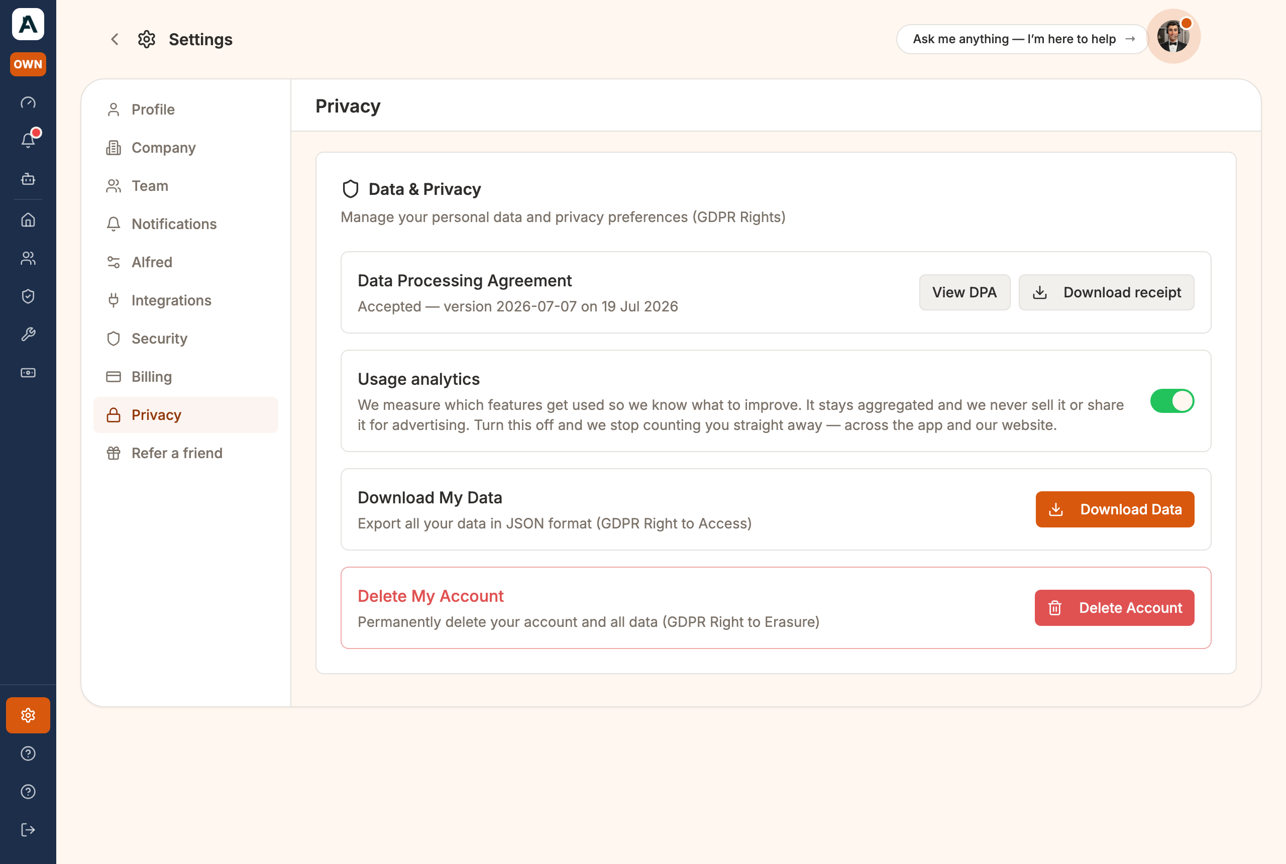 The Privacy tab: your data agreement, analytics, and your rights to download or delete