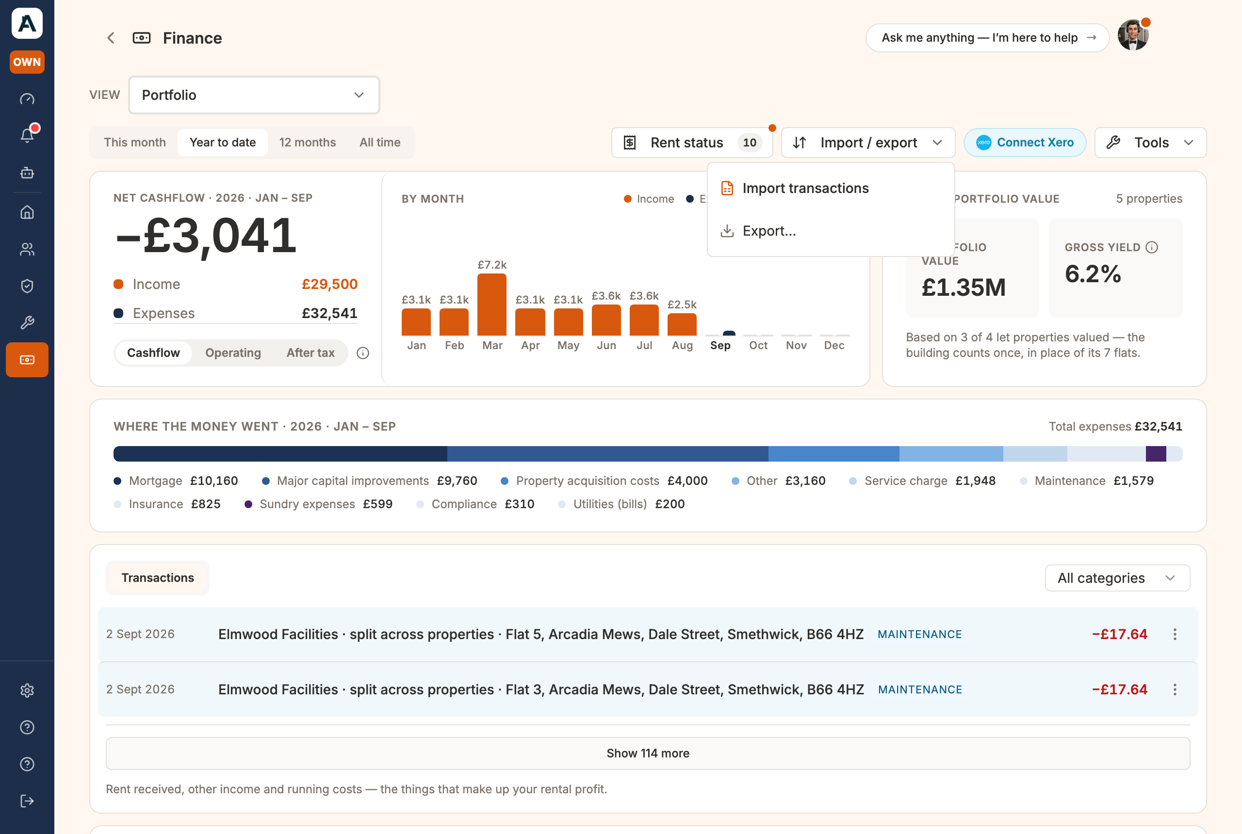The Import / export menu open on the Finance page — Import transactions, or Export