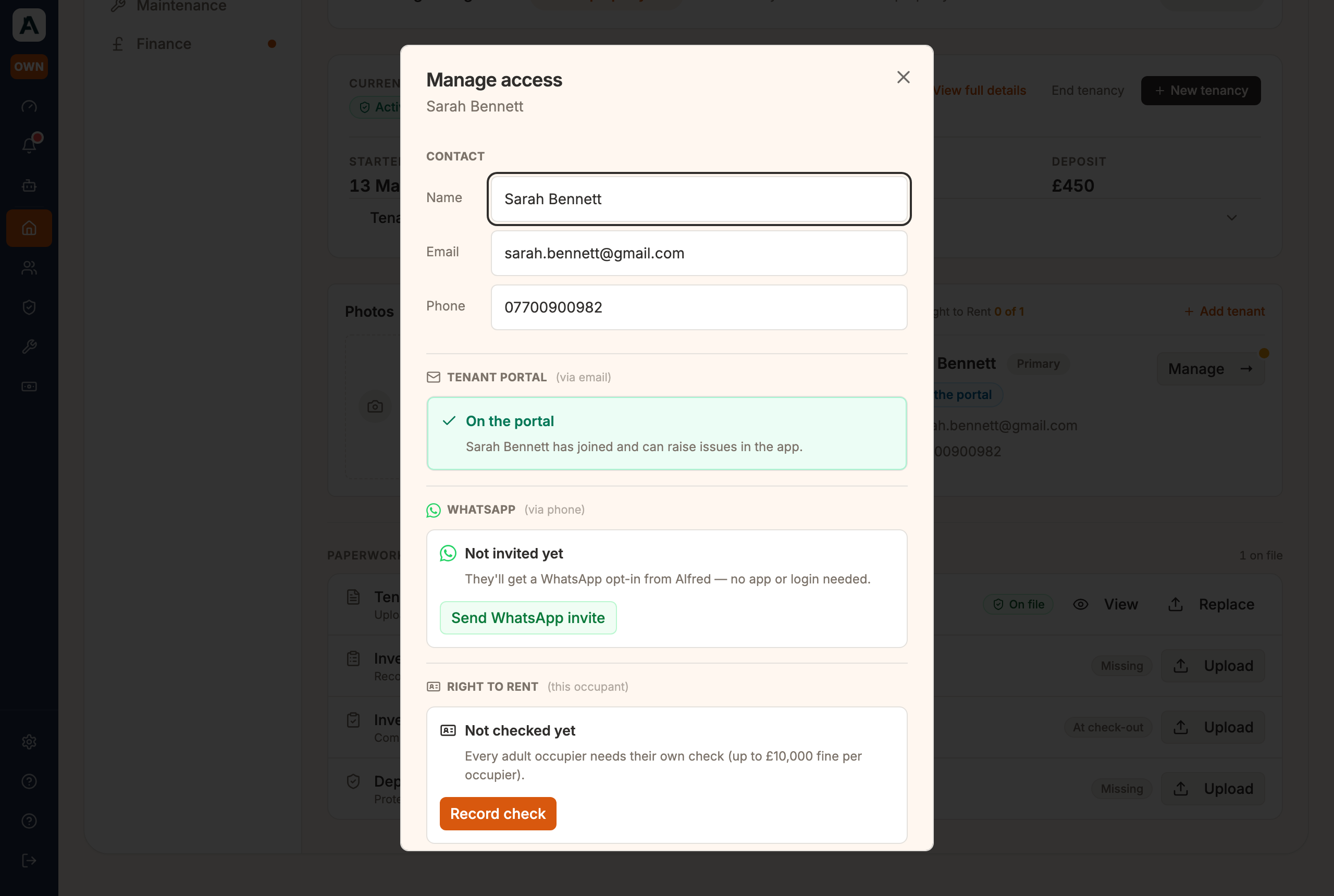 Manage access: the tenant portal by email, WhatsApp by phone, and the Right to Rent check