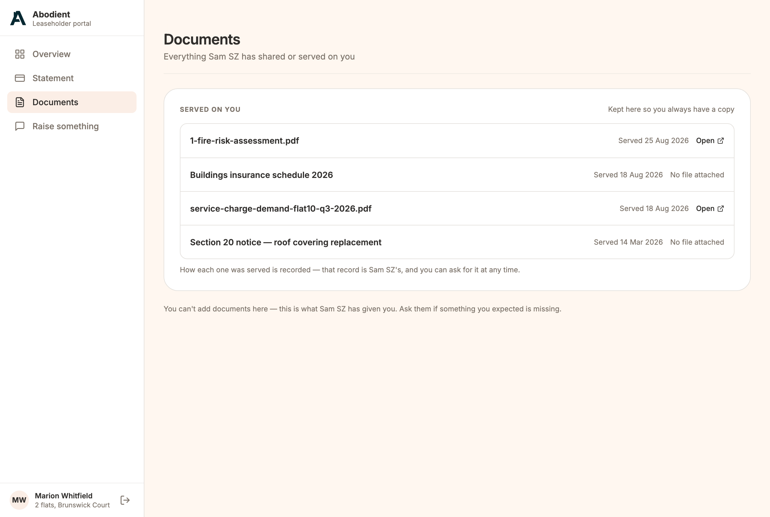 Documents: what has been served on you, and documents about the building