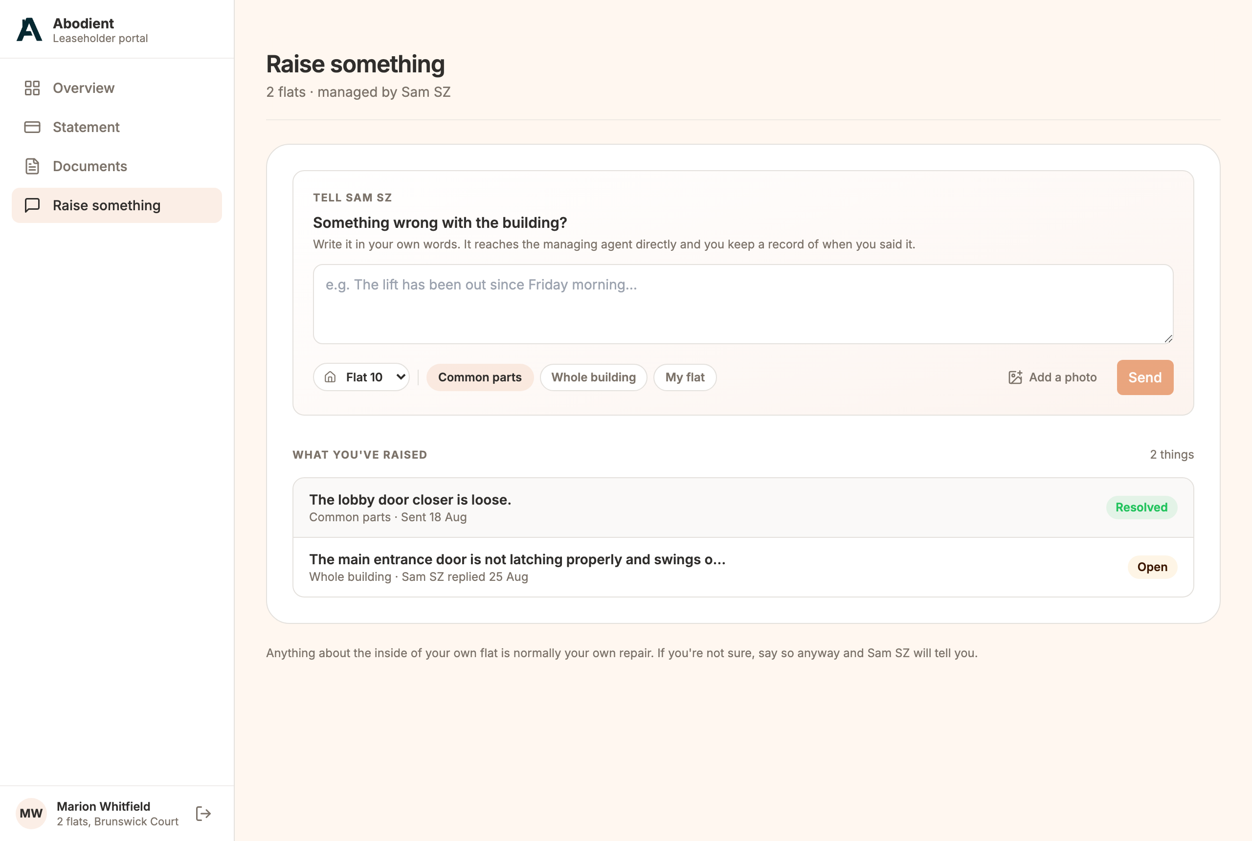 Raise something: a message, who it concerns, and an optional photo