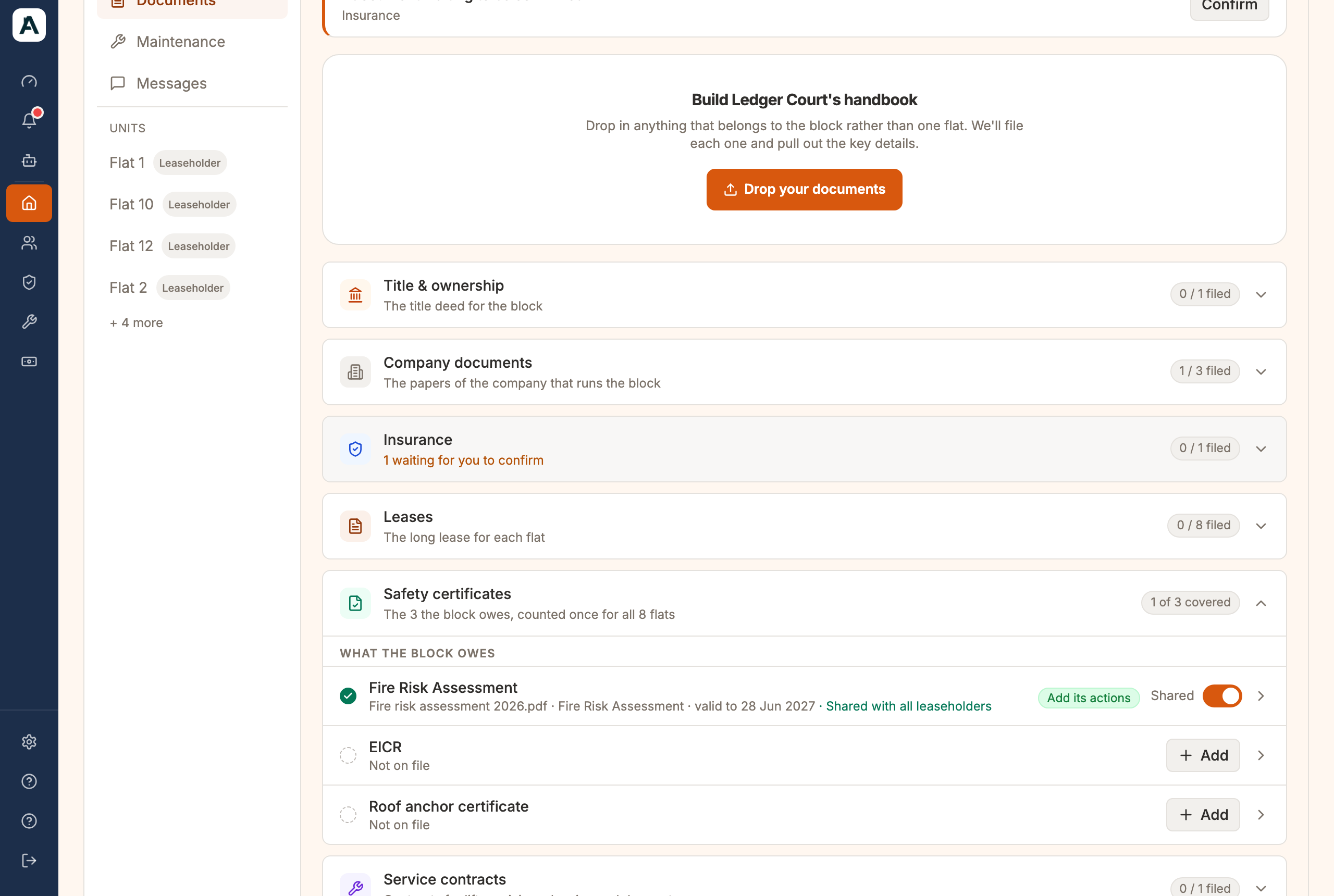 The building Documents tab with Safety certificates open: the fire risk assessment is shared with all leaseholders