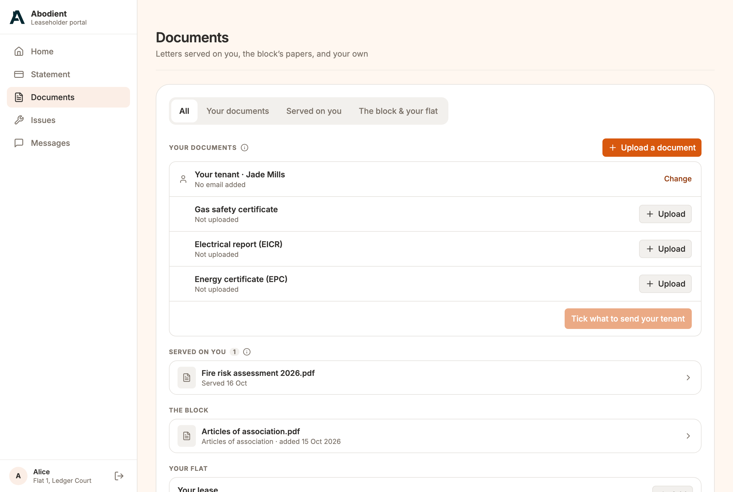 The leaseholder's Documents page: their own documents with upload slots for the three certificates, the fire risk assessment served on them on 16 Oct, and the block's papers