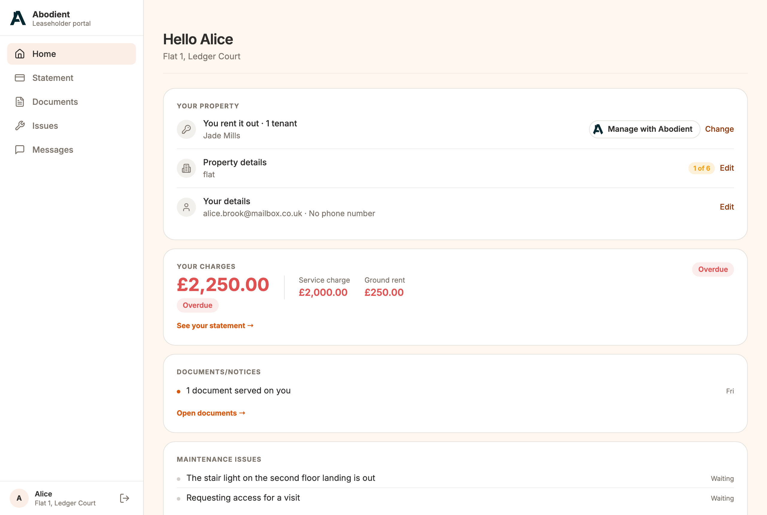 The leaseholder's Home page for Alice: her property, her charges overdue, a document served on her, and the maintenance issues