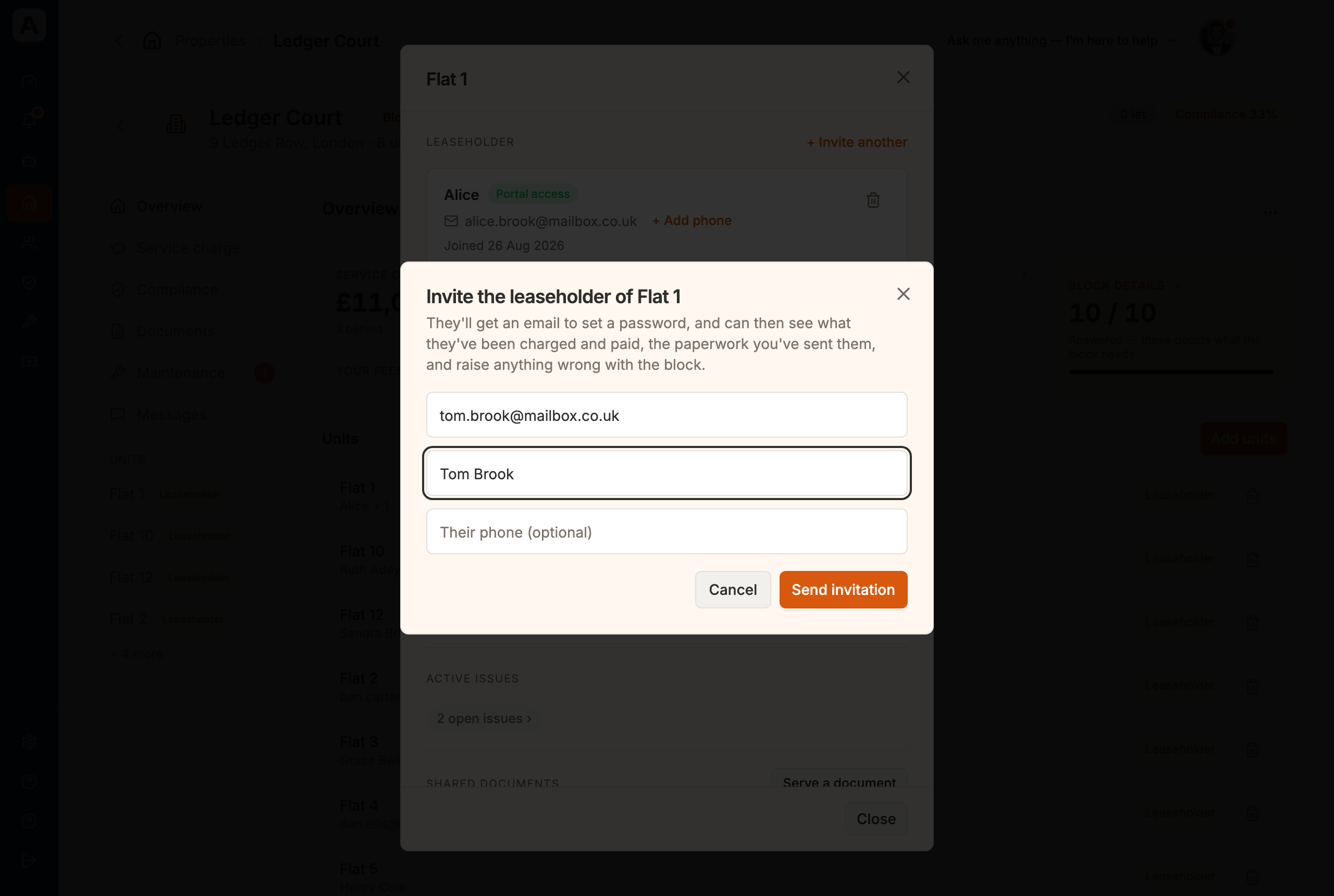 The Invite the leaseholder of Flat 1 window with Tom Brook's email address and name typed in, before Send invitation is selected
