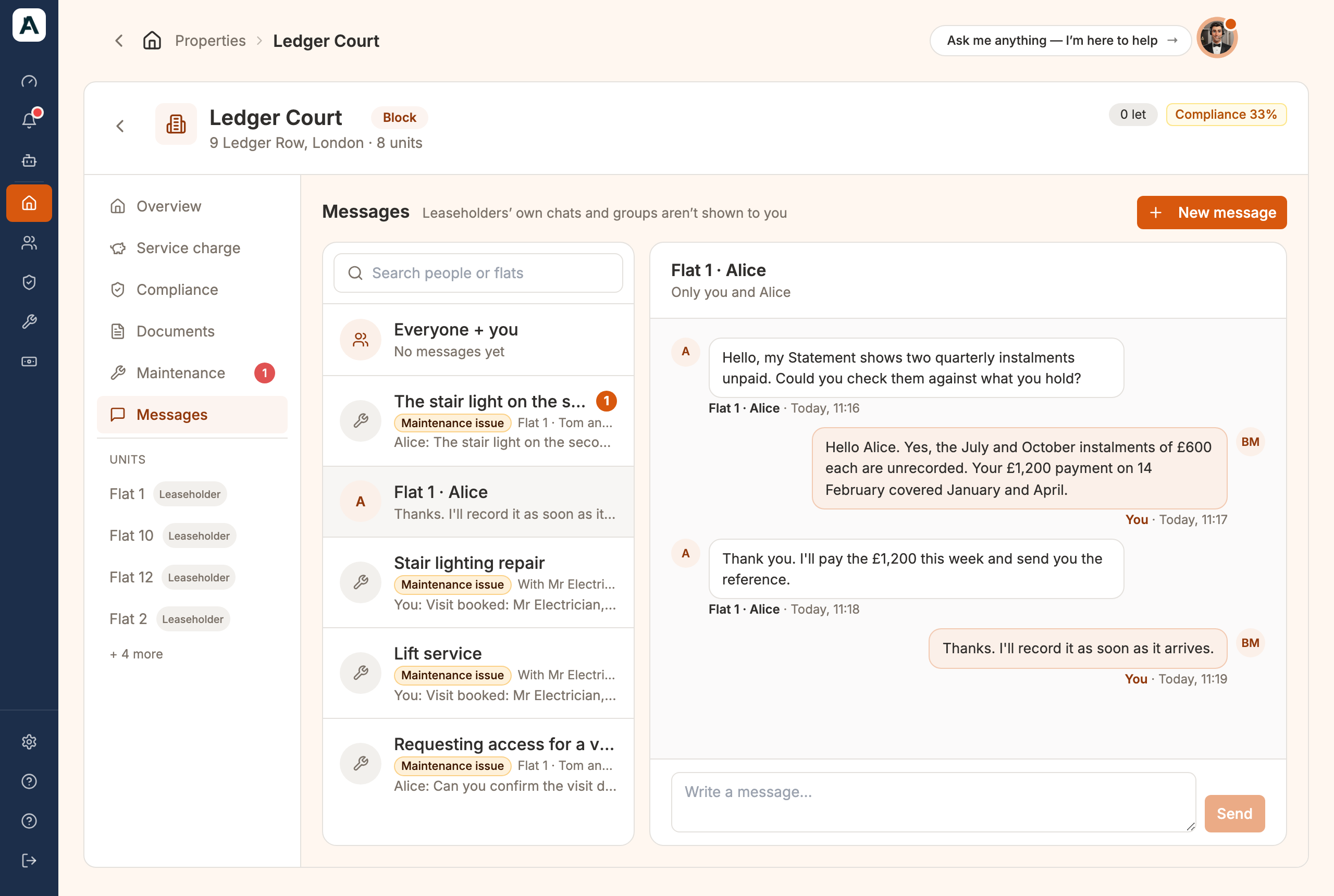 The building Messages tab: the Flat 1 · Alice conversation open beside the list, with the box where you reply