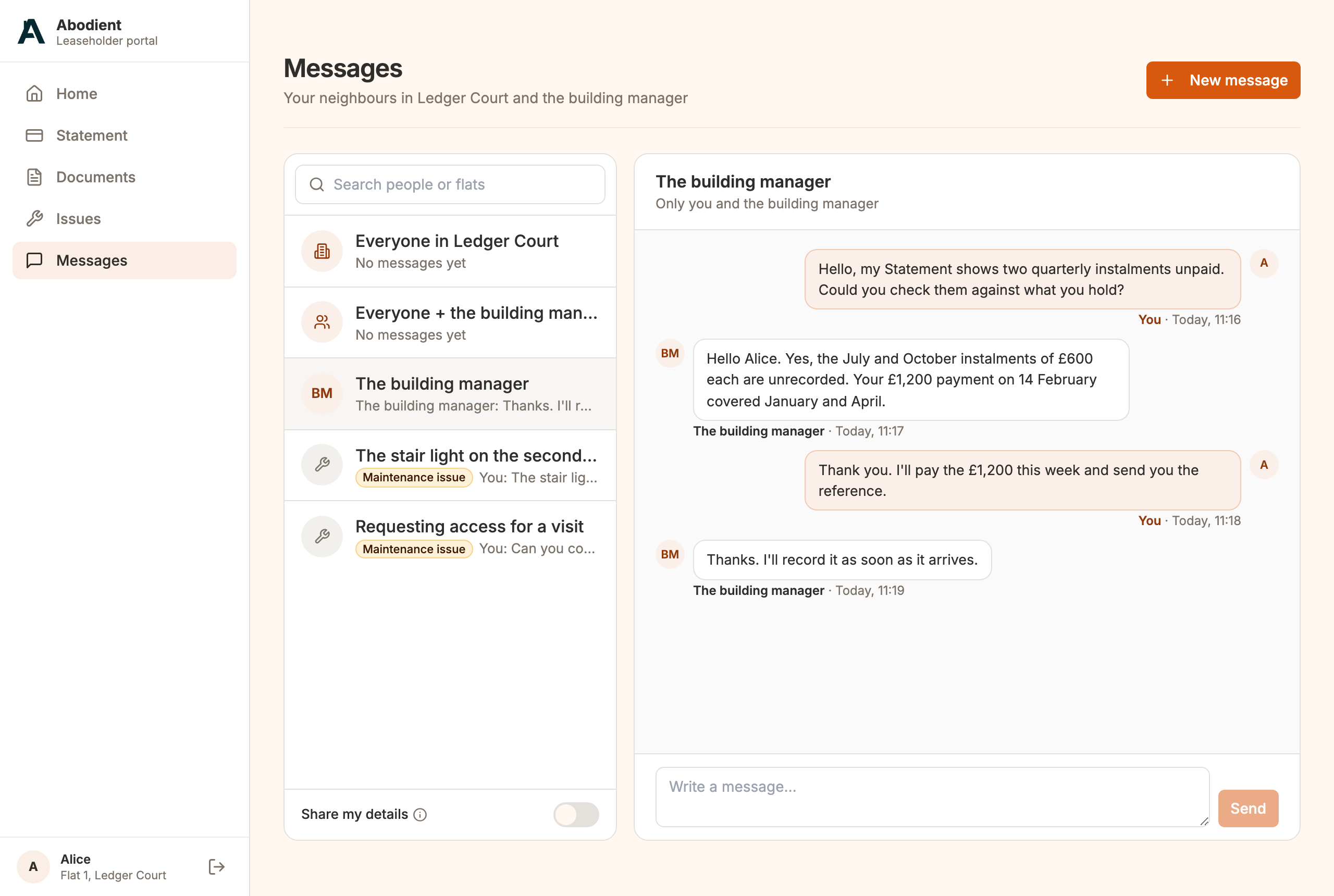 The leaseholder's Messages page: the list of conversations on the left, and the one-to-one with the building manager open beside it with four messages