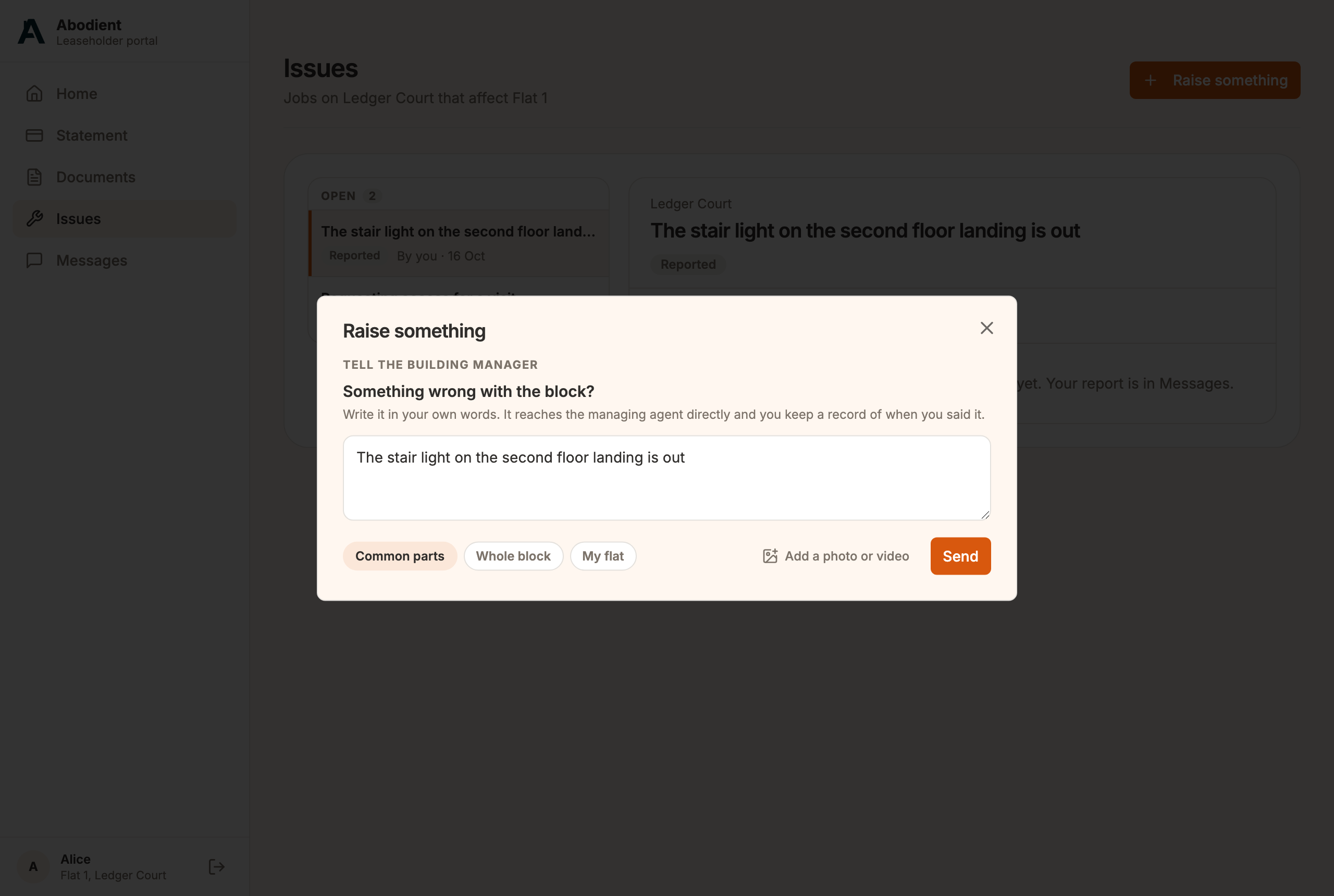 The Raise something window with Alice's sentence typed in and Common parts chosen, before Send is selected