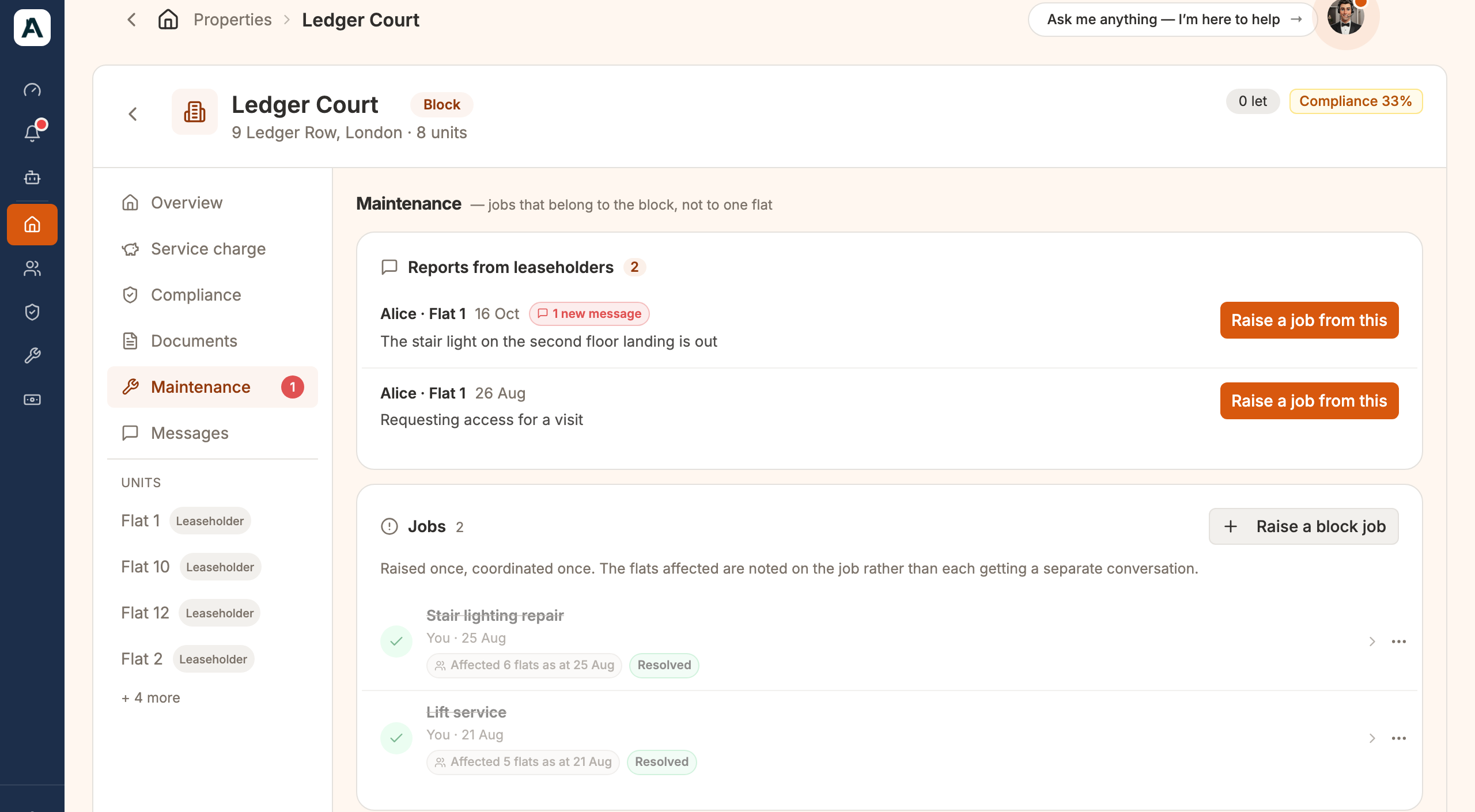 The building Maintenance tab: Reports from leaseholders with Alice's stair light report and a Raise a job from this button, above the block's jobs