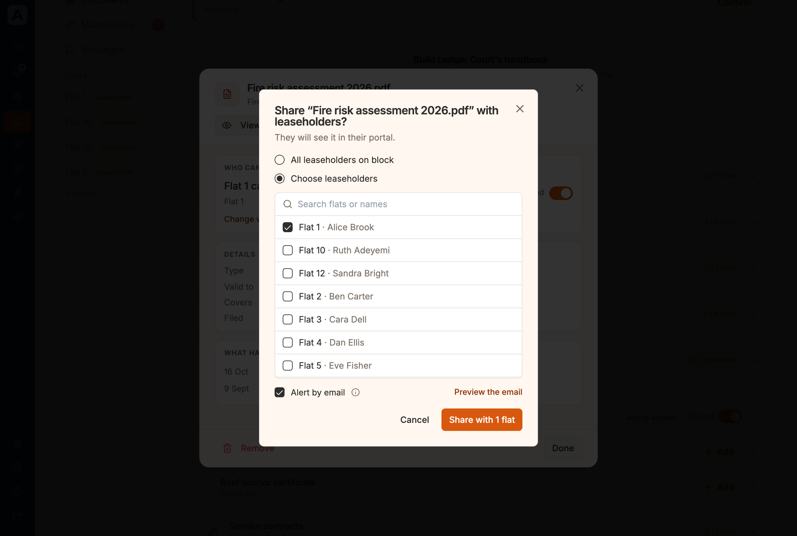 The window to share the fire risk assessment with leaseholders: Choose leaseholders selected, Flat 1 ticked and Alert by email on