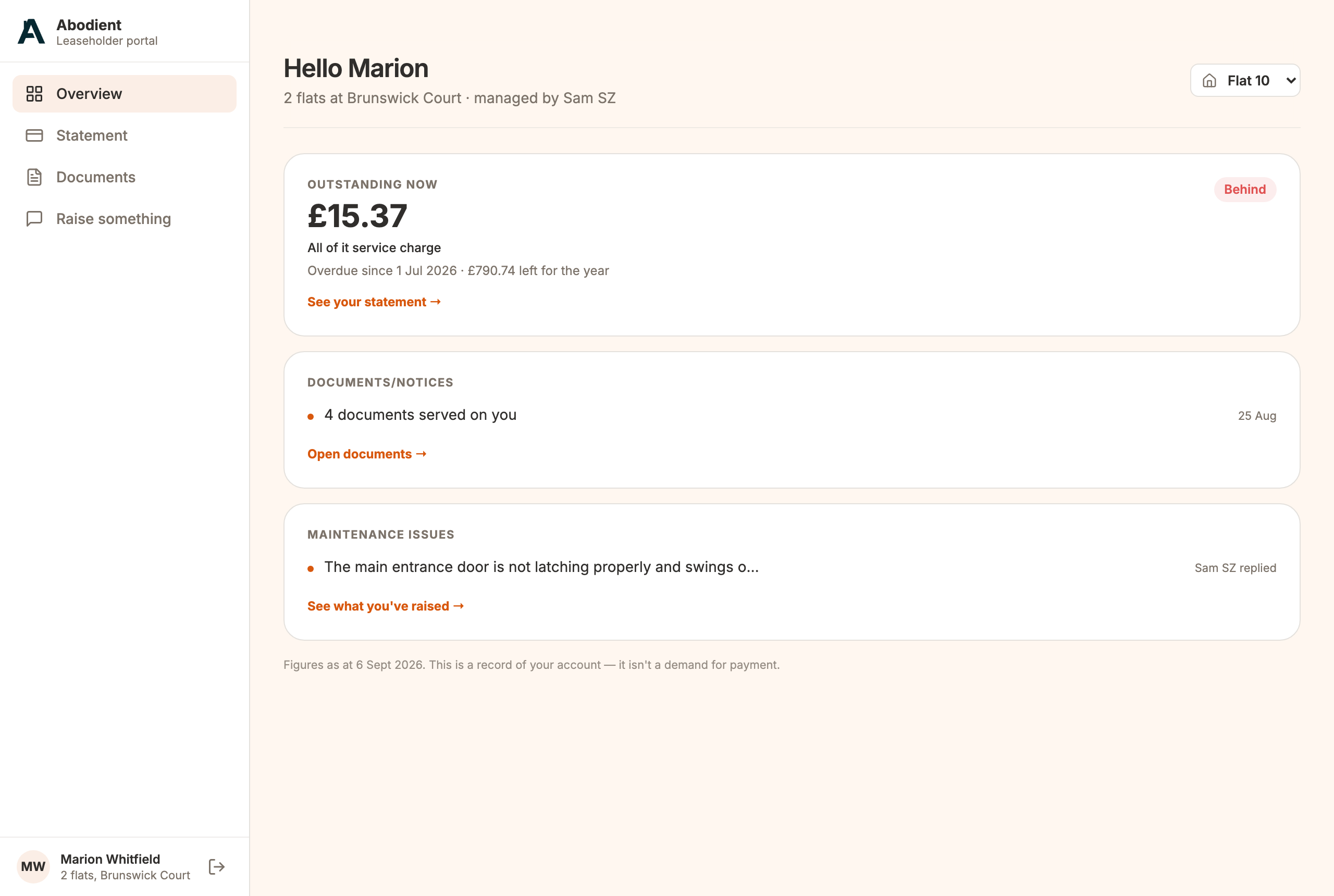 The Overview: your flat's money position, your documents, and anything you have raised
