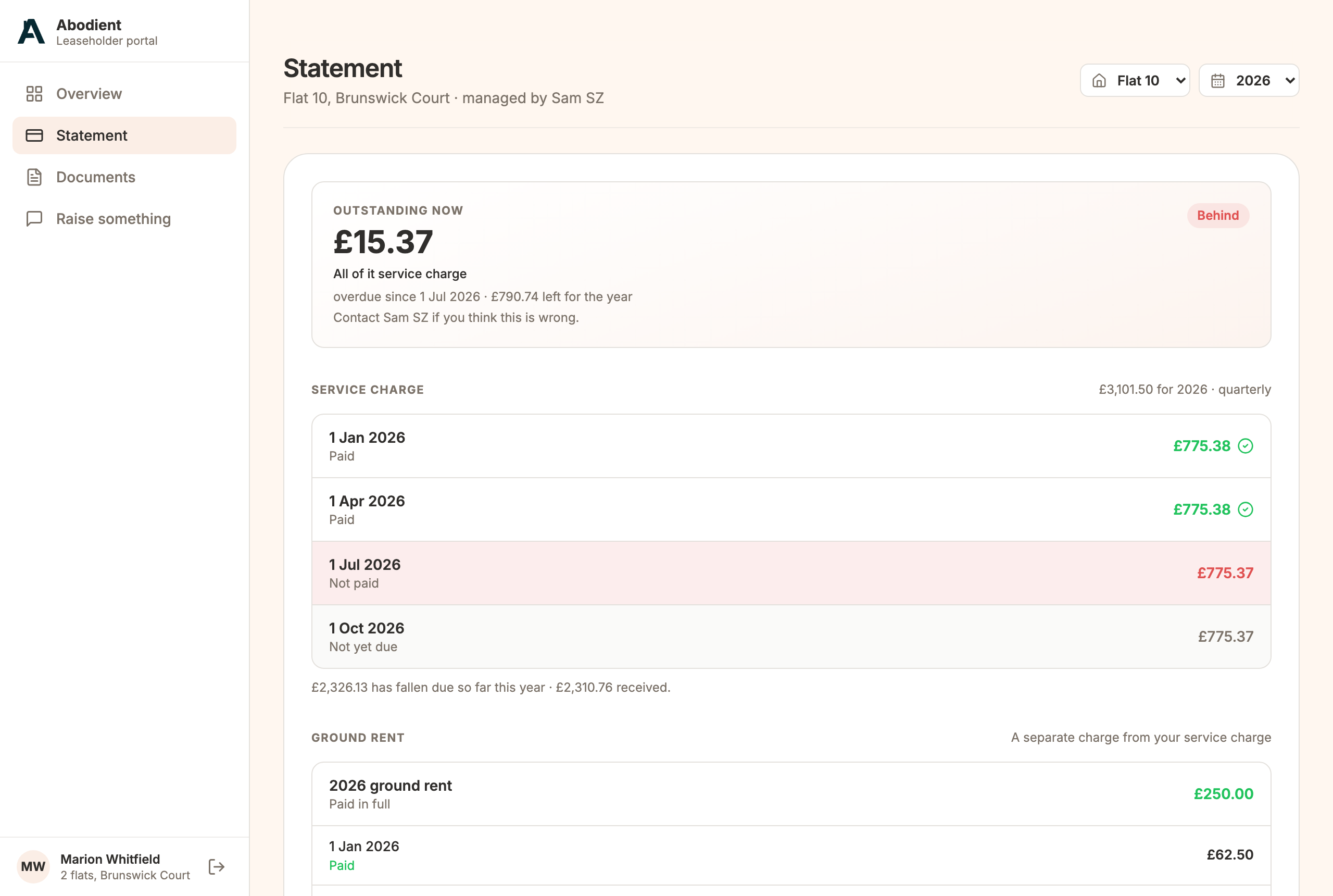 The Statement: service charge instalments, ground rent, and payments received