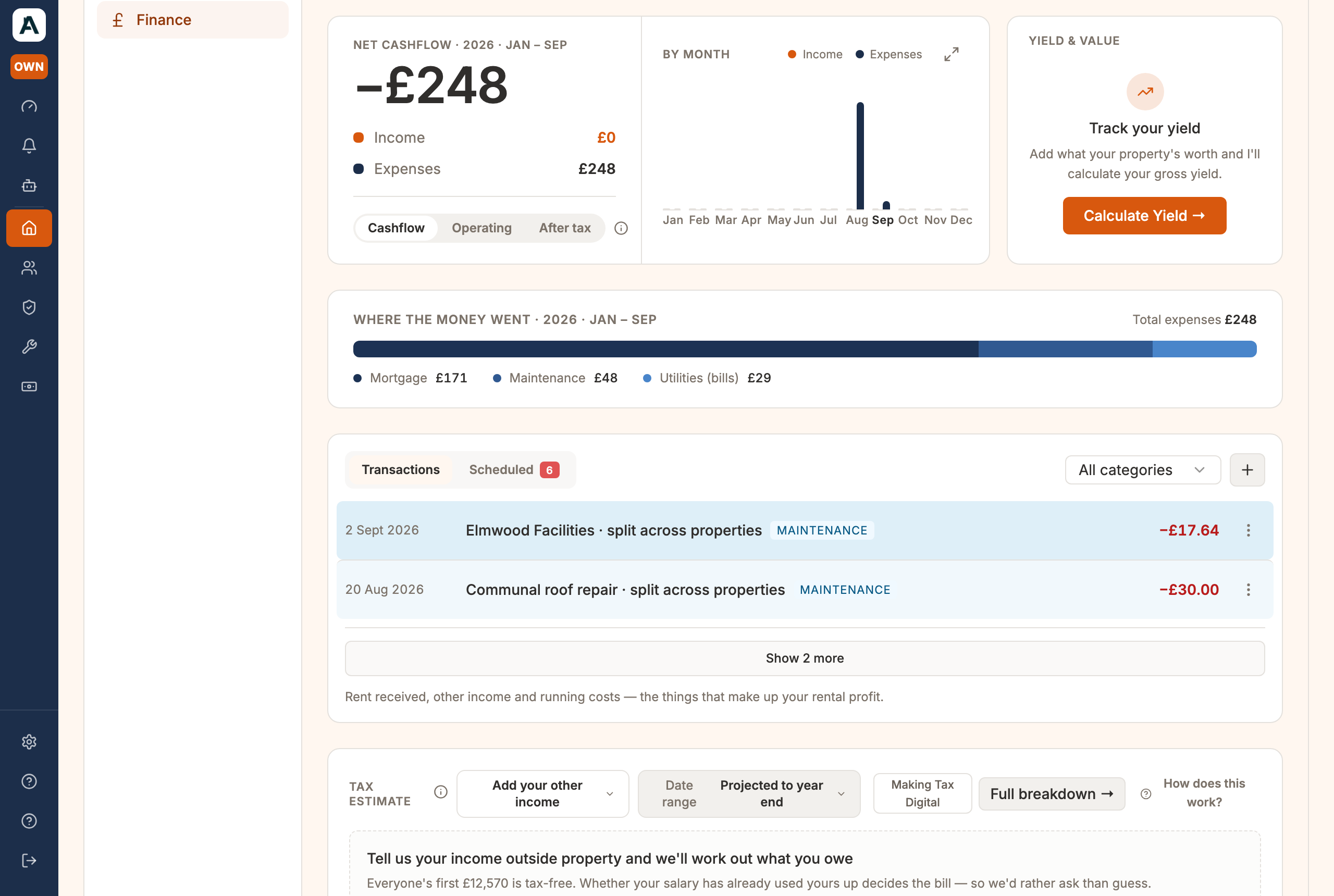 A property's tax estimate on the Finance tab, with its Making Tax Digital indicator