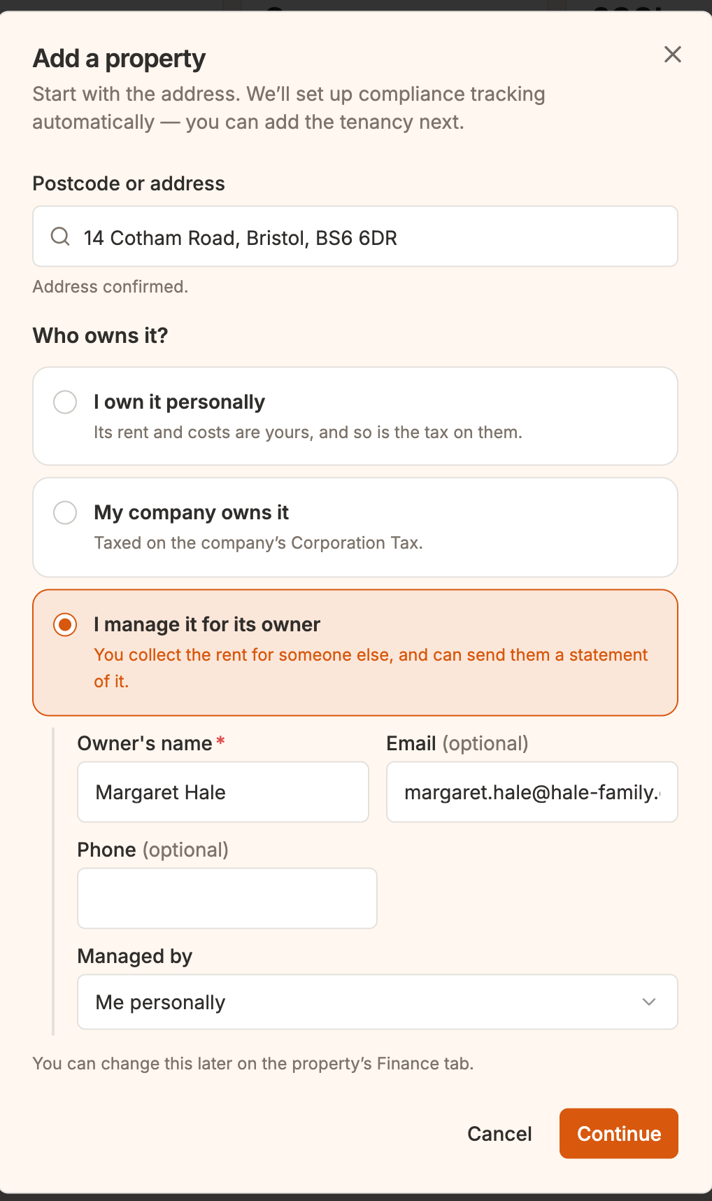 The Add a property window with I manage it for its owner chosen, the address picked, Margaret Hale as the owner's name with her email, and the Managed by box below