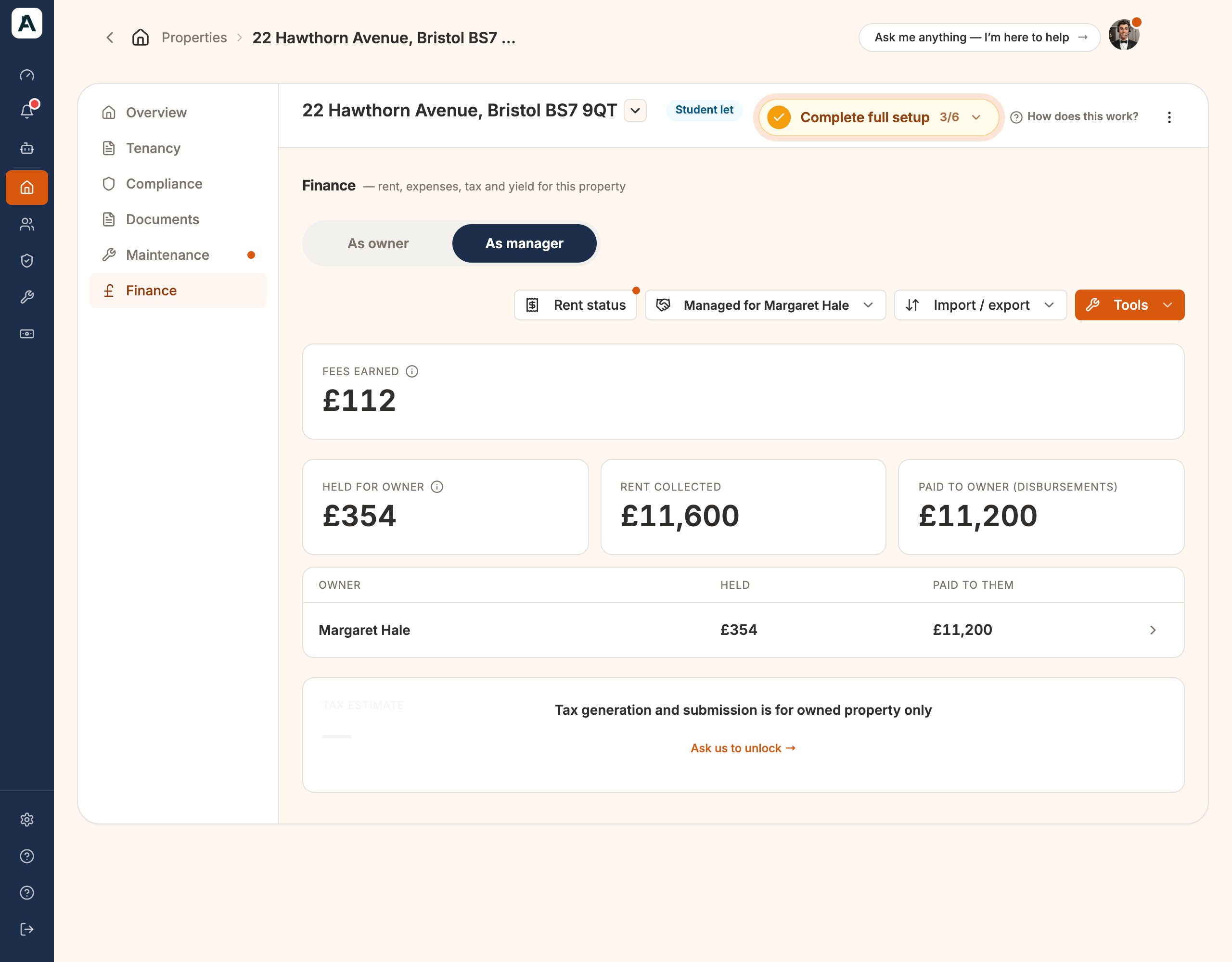 The As manager view of the Finance tab for 22 Hawthorn Avenue: Fees earned £112, Held for owner £354, Rent collected £11,600, Paid to owner £11,200, Margaret Hale's row and the greyed tax card