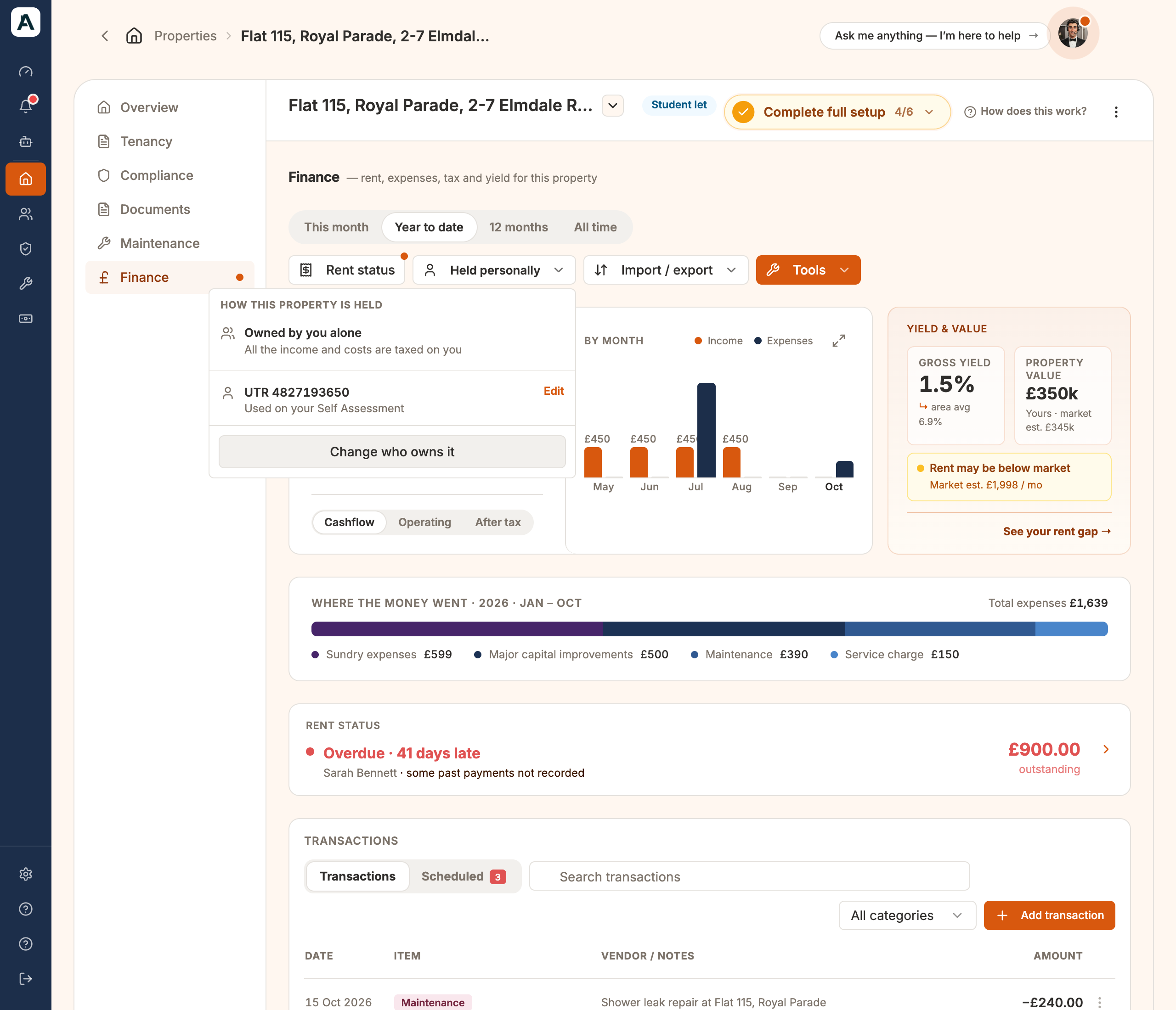 The Finance tab of a flat held personally: Held personally beside Rent status, and the How this property is held panel open with the Change who owns it button