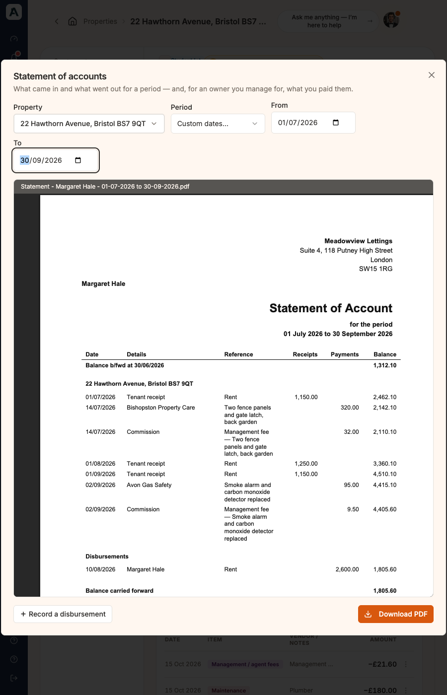 The Statement of accounts window for Margaret Hale, 1 July to 30 September 2026, with the preview readable: three rent receipts, two repair costs each followed by a Commission row, the August payment under Disbursements and the balance carried forward of 1,805.60, and Download PDF ready
