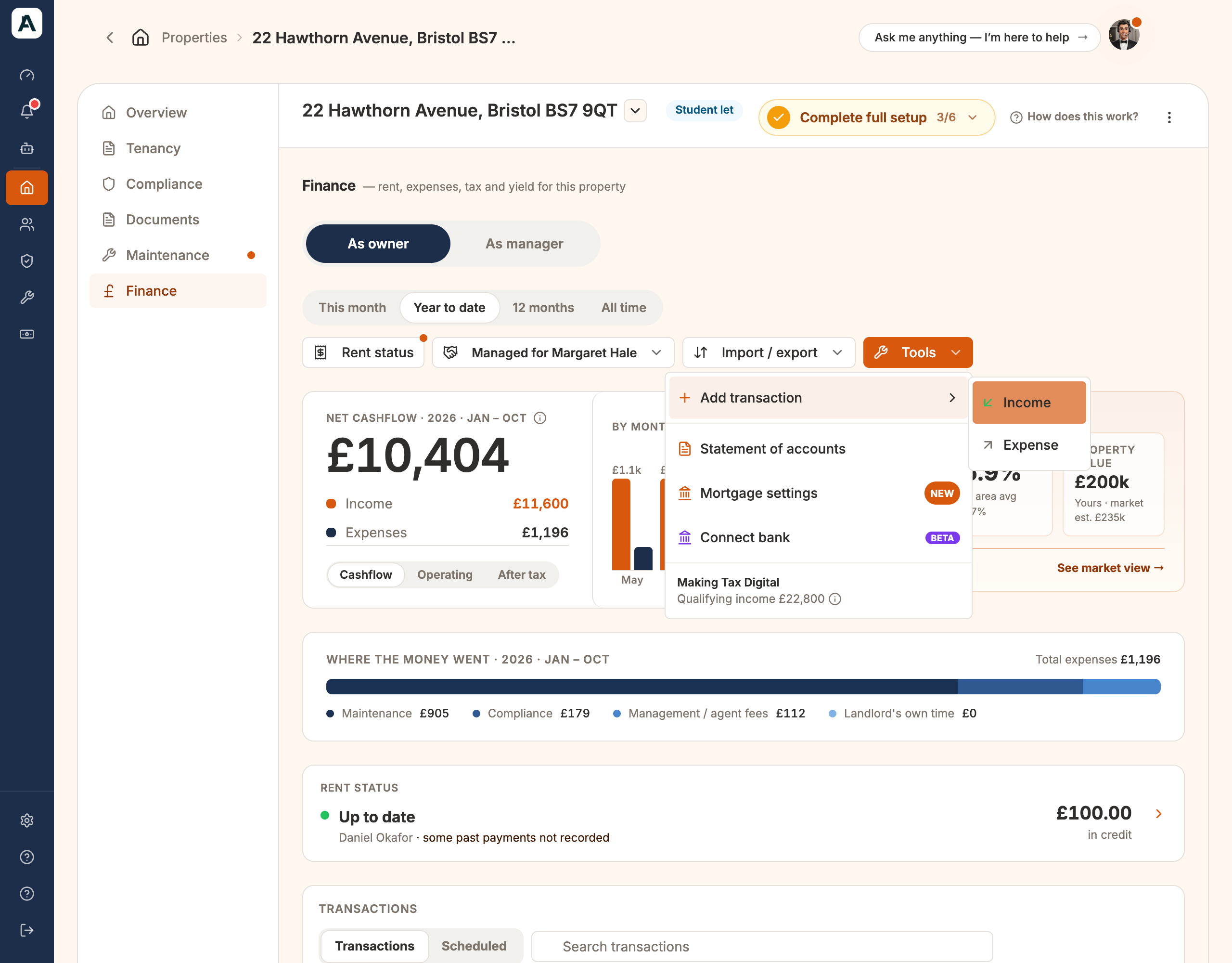 The Tools menu on the Finance tab, with Add transaction open to Income and Expense