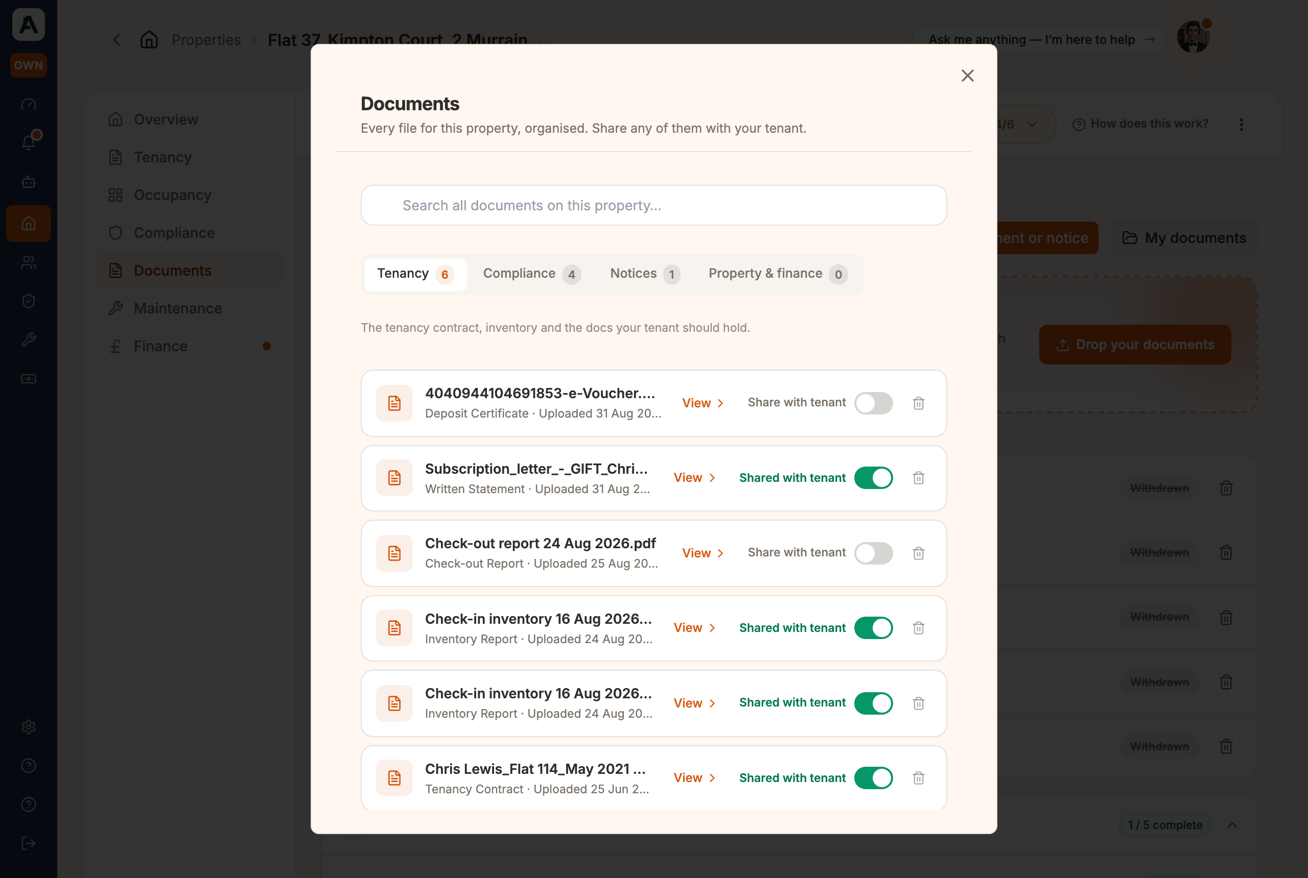 My documents — every file for the property, organised, each with a share-with-tenant toggle