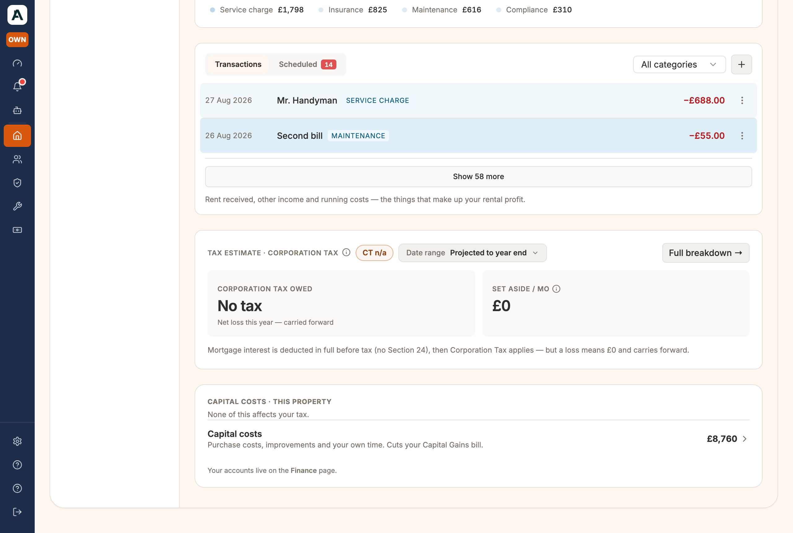 The transactions list further down the Finance tab, each rent payment and cost itemised