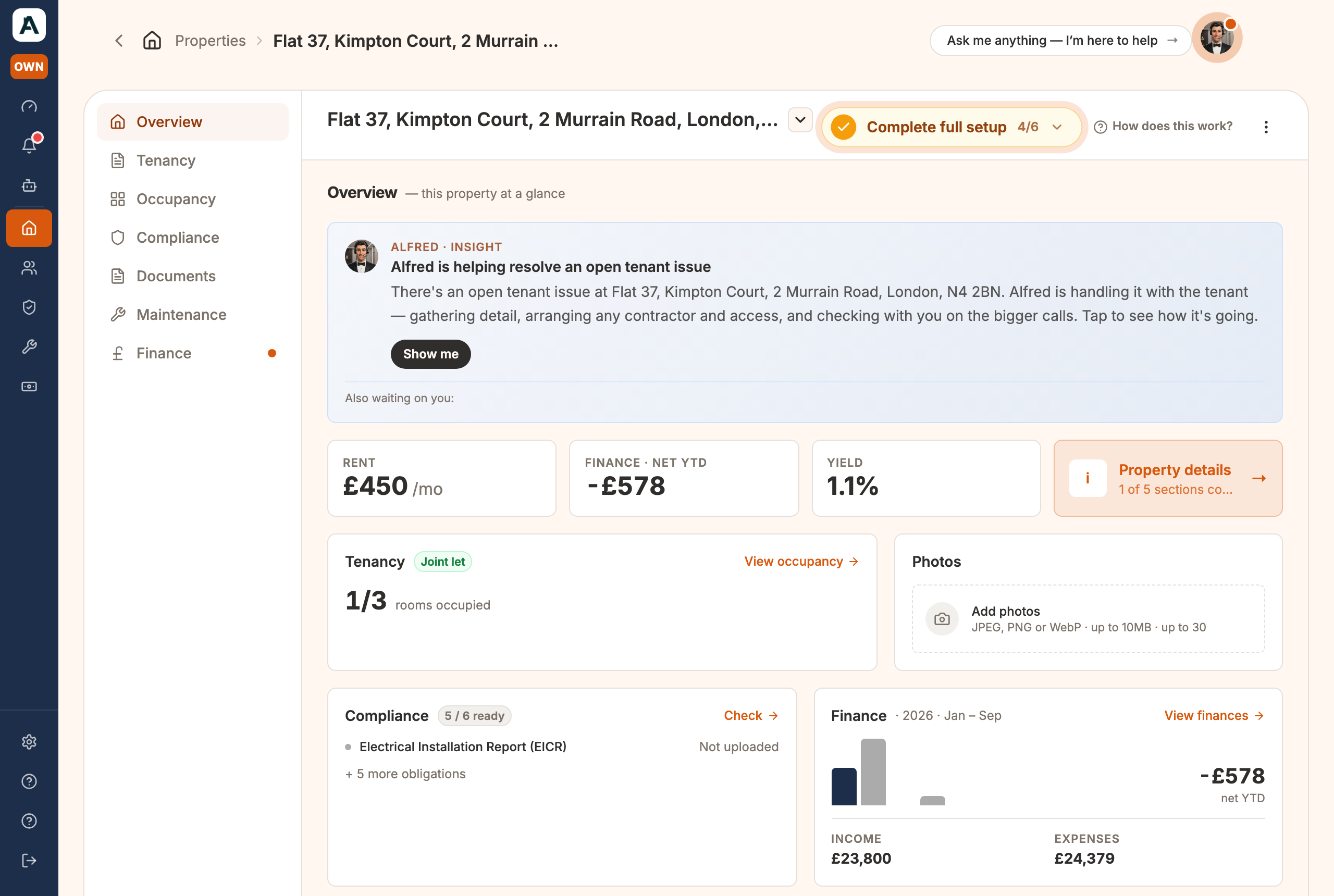 The Overview tab for one property — rent, finance and yield across the top, then the tenancy, compliance and finance cards